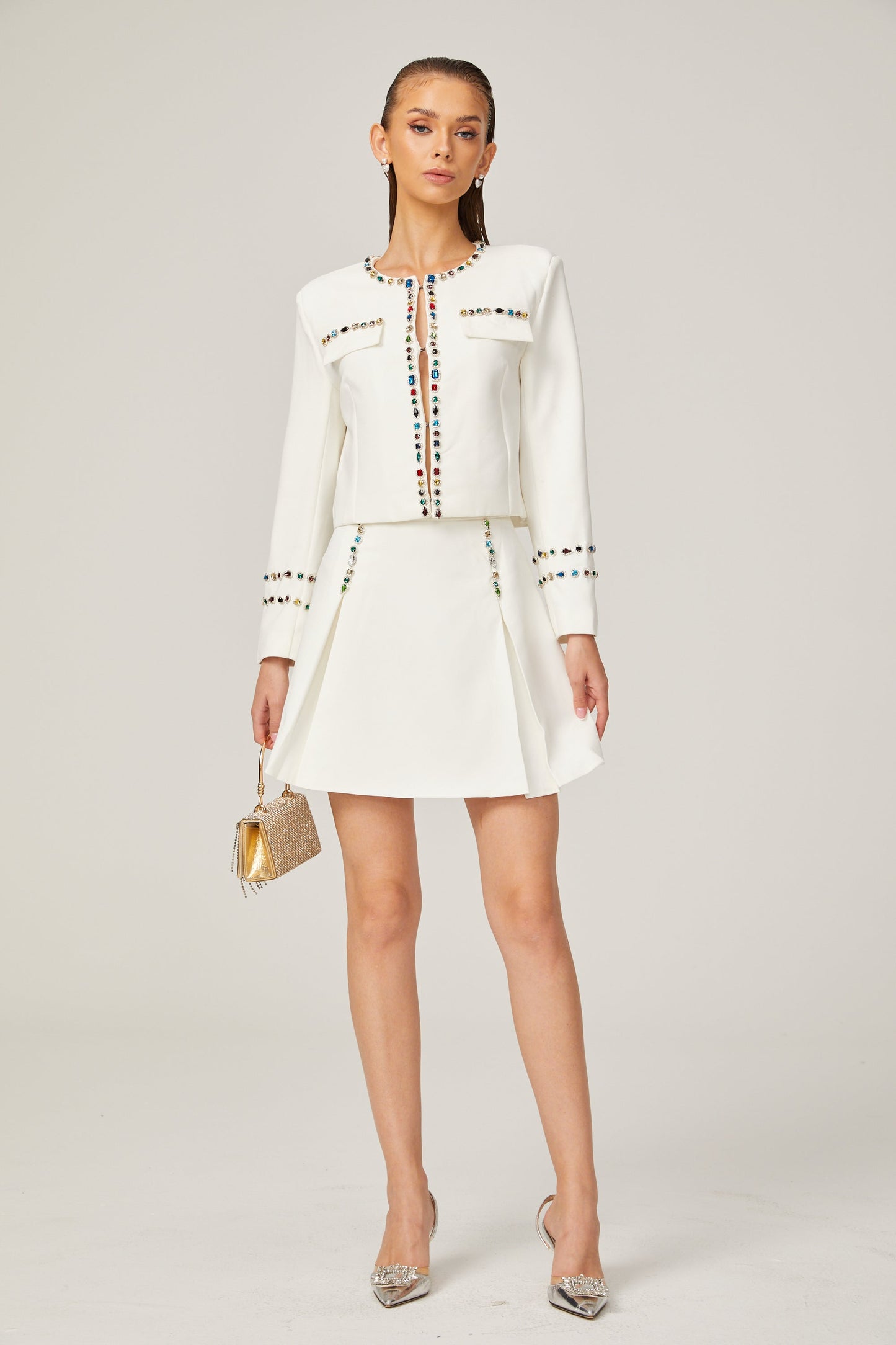Katia white crystal-embellished trim jacket & skirt matching set