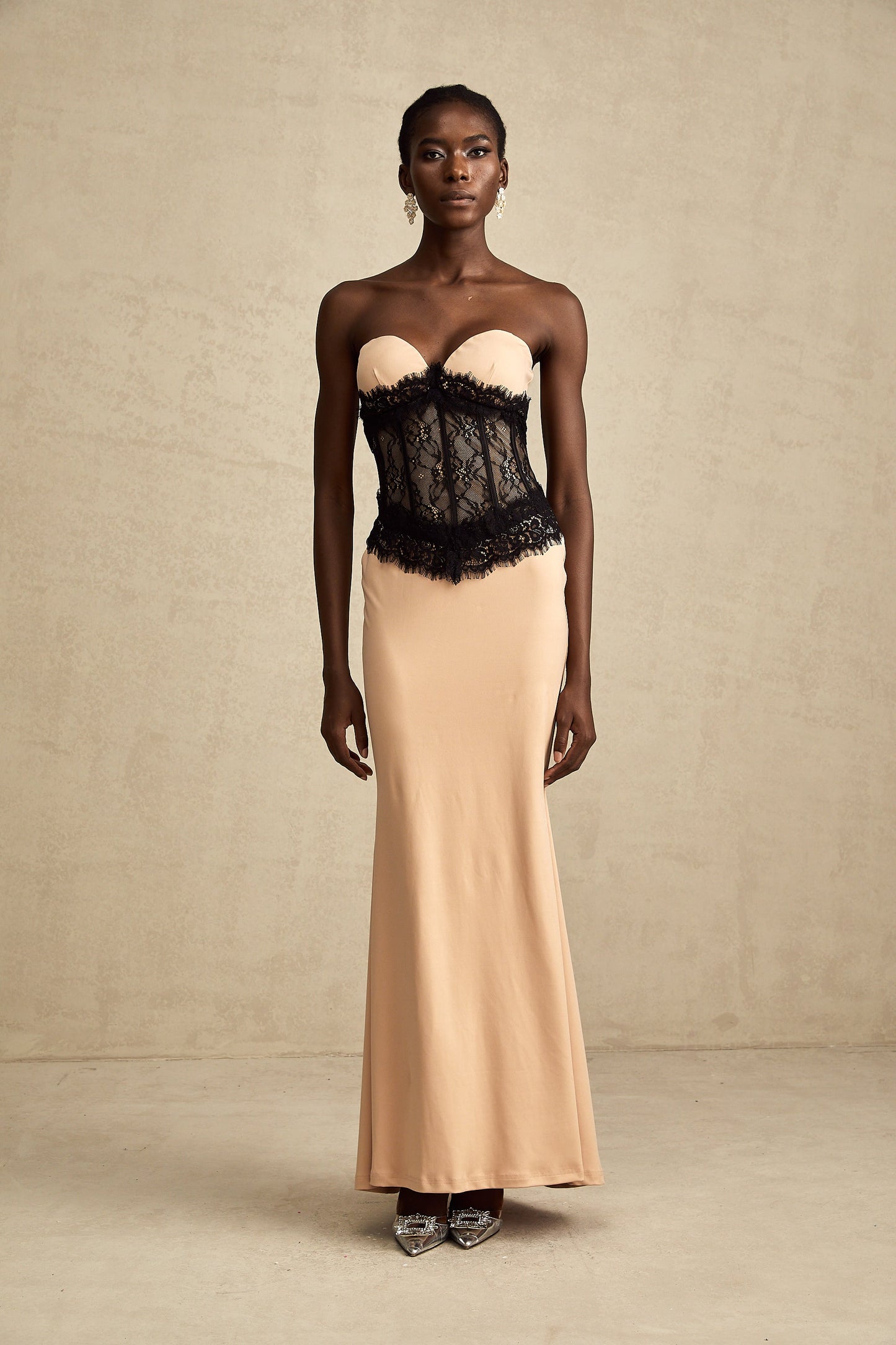 Delphine lace-panel off-shoulder corset maxi dress (US Only)