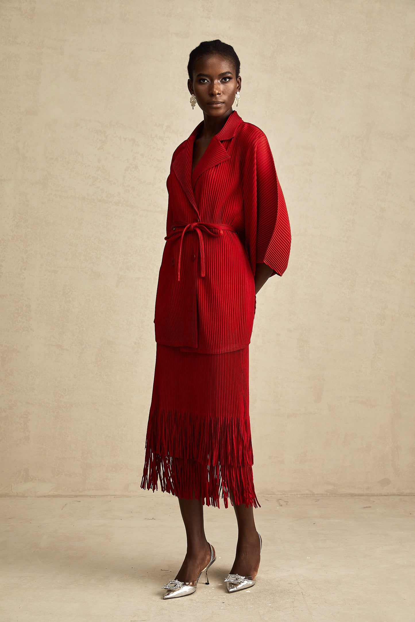 Cyrielle red pleated jacket & skirt matching set