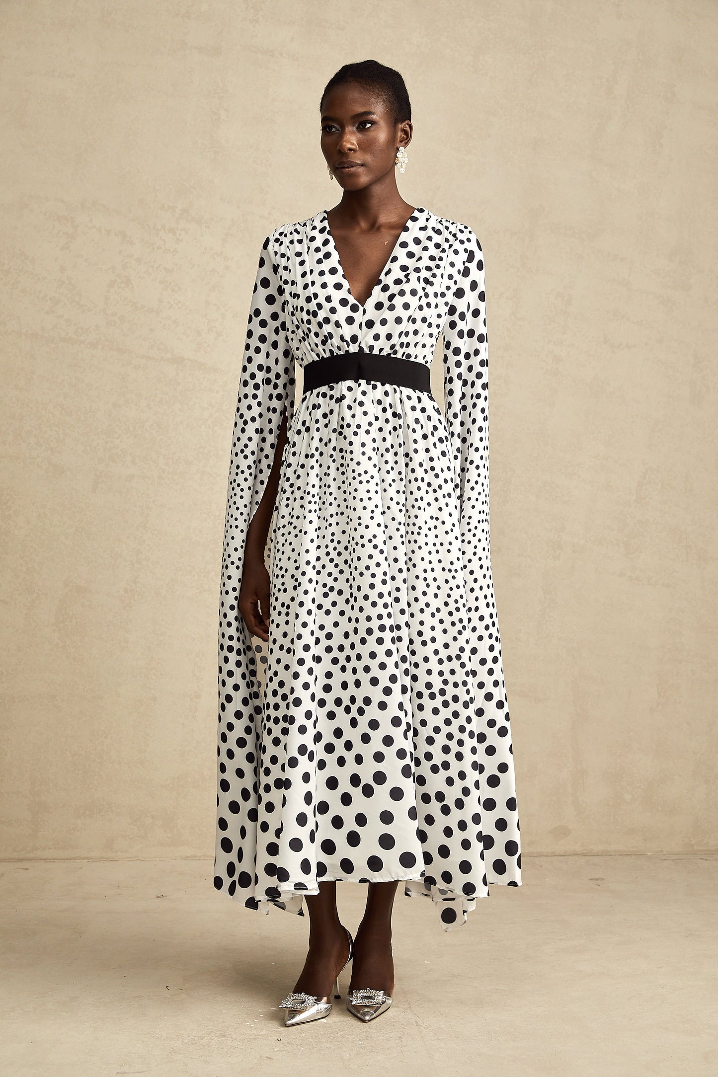 Brigitte white polka-dot slit-sleeve midi dress (US Only)