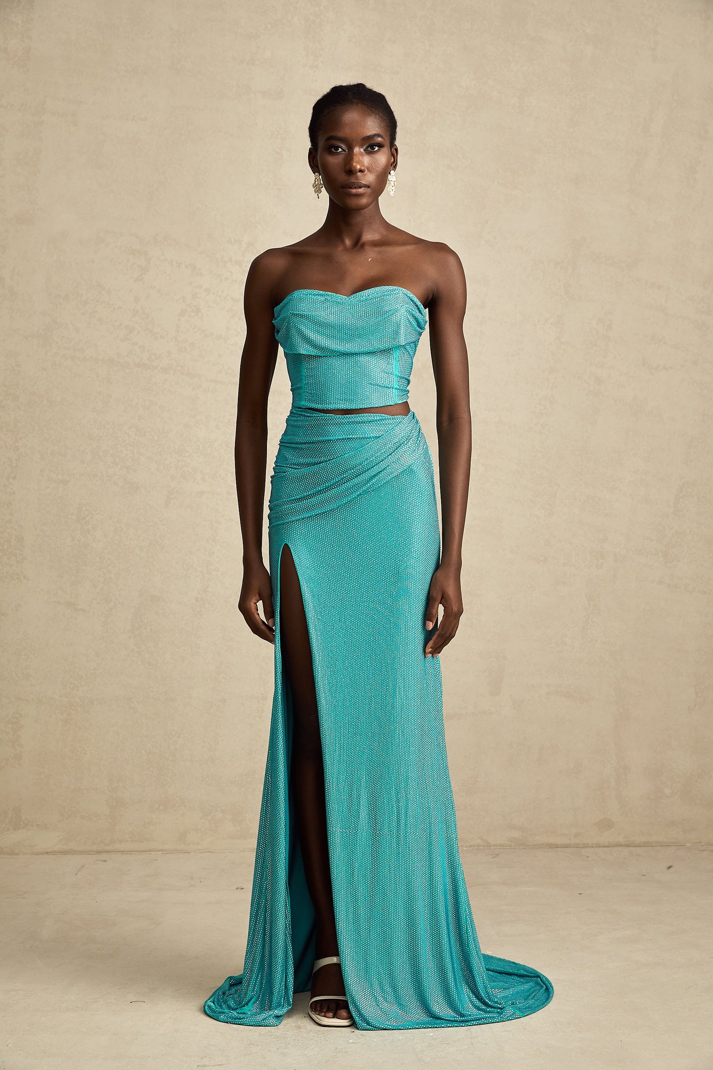Léa green rhinestone-studded pleated top & skirt matching set