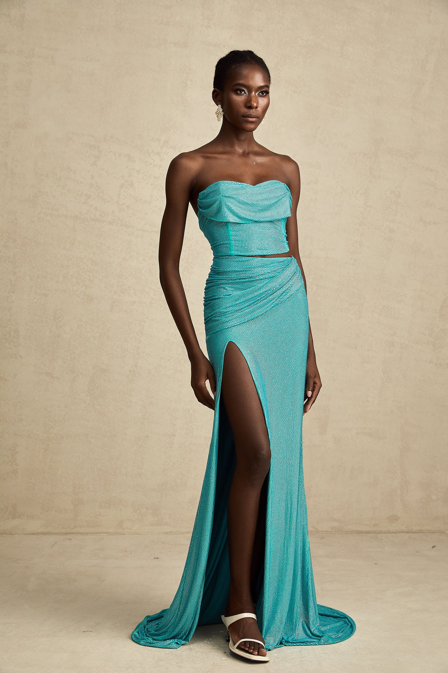 Léa green rhinestone-studded pleated top & skirt matching set