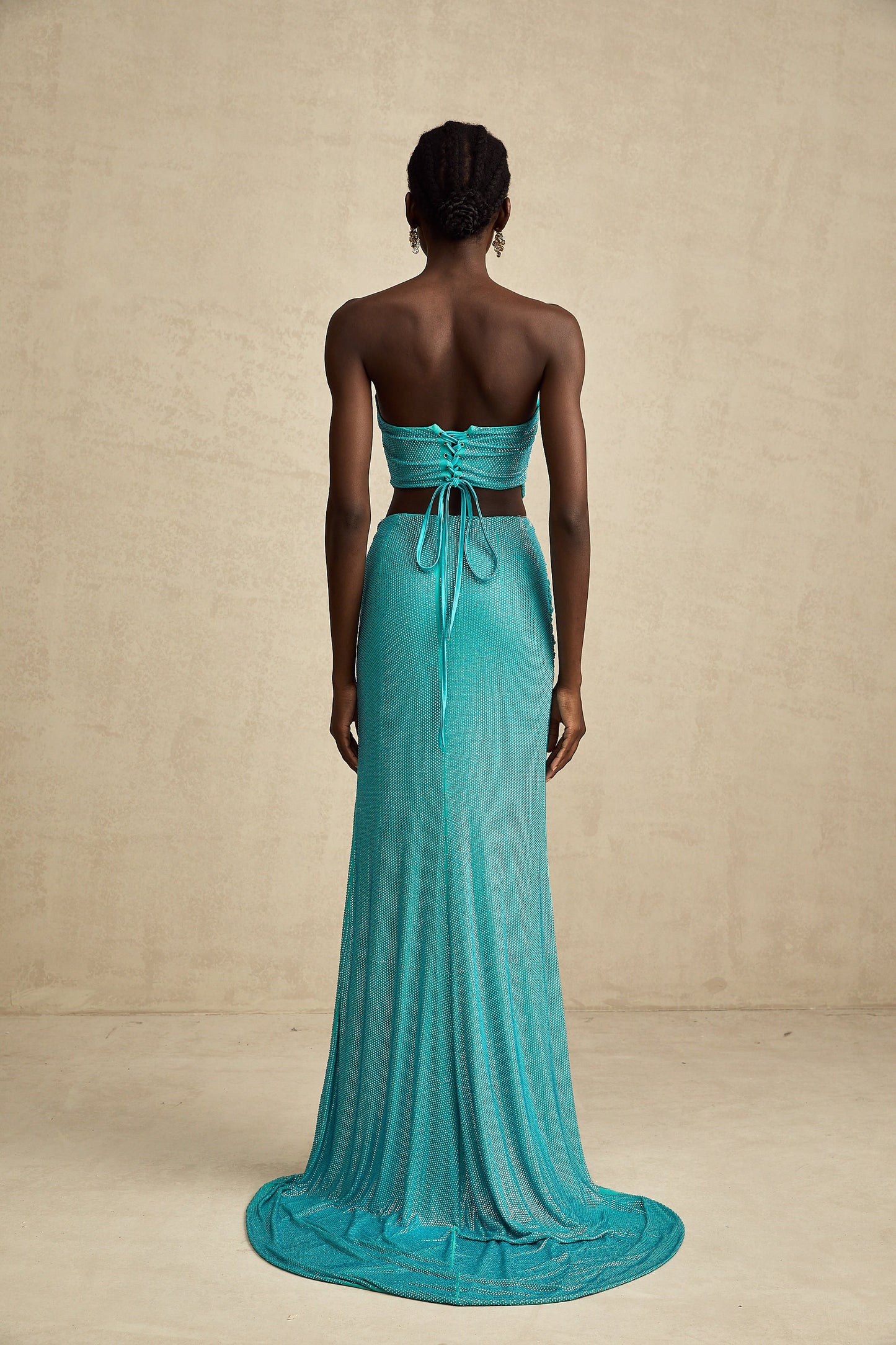 Léa green rhinestone-studded pleated top & skirt matching set
