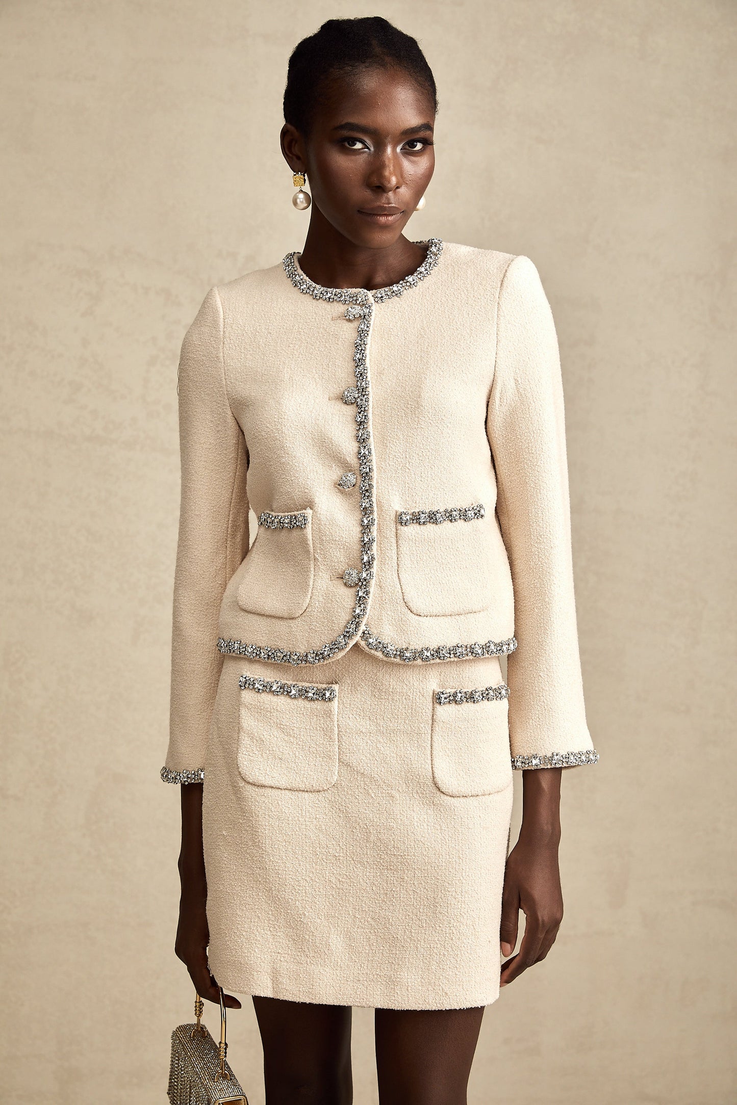 Elisabeth beige crystal tweed cardigan & skirt matching set