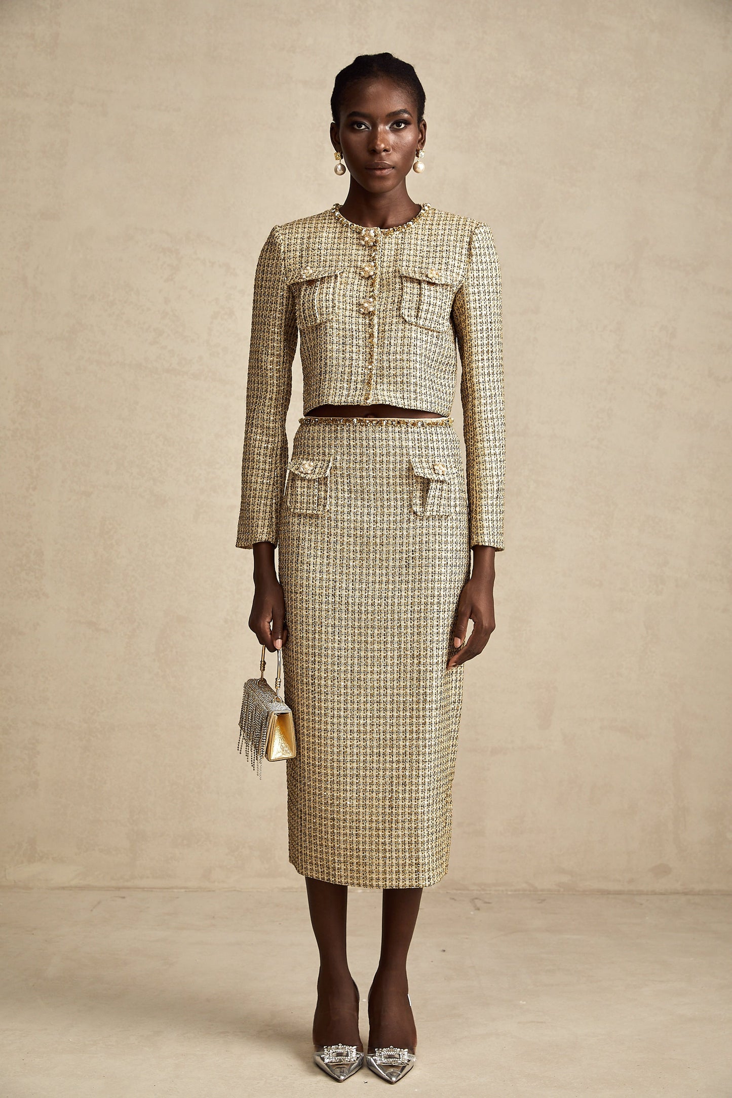 Aëlle gold tweed sequin jacket & skirt matching set