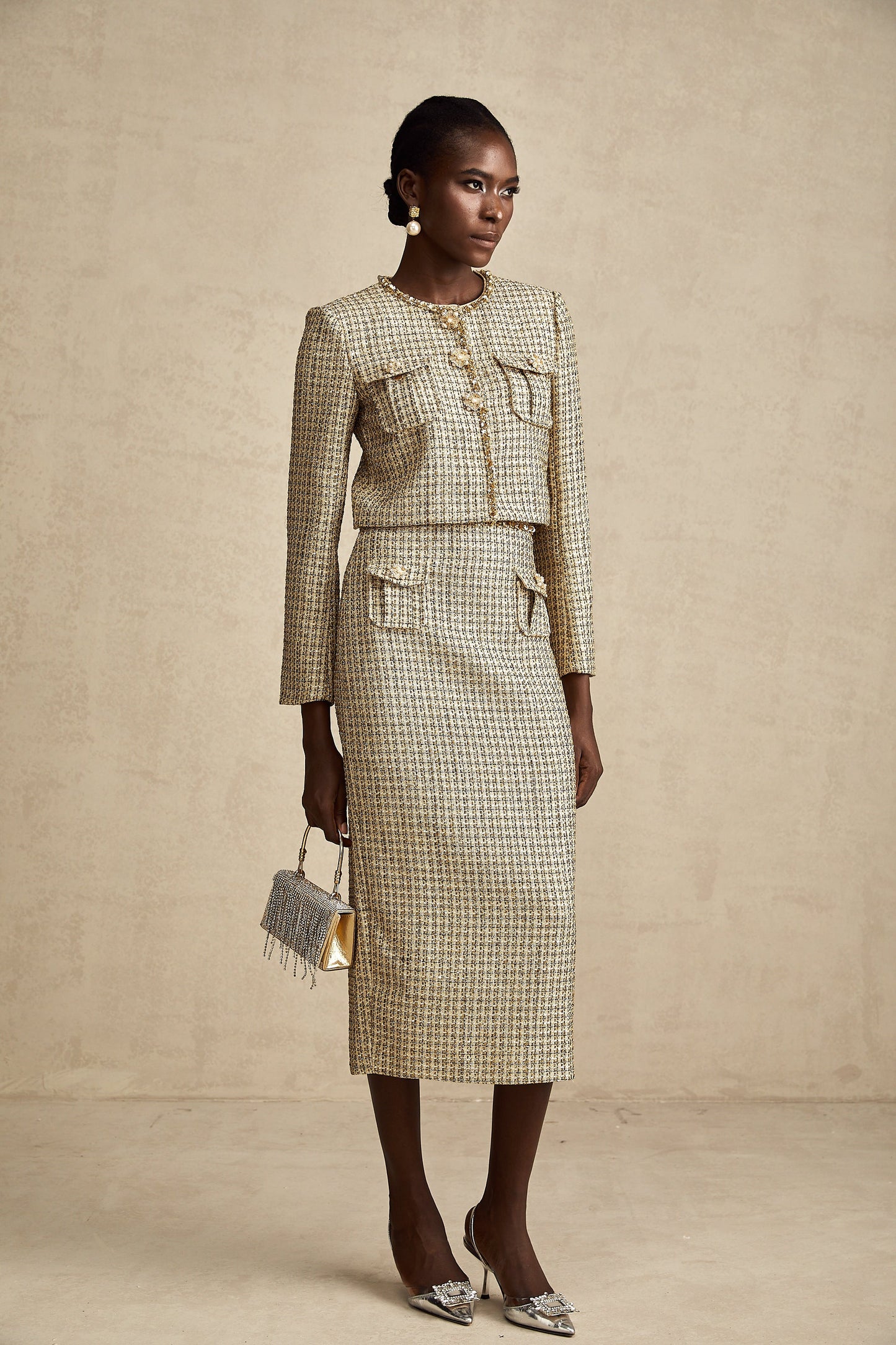 Aëlle gold tweed sequin jacket & skirt matching set