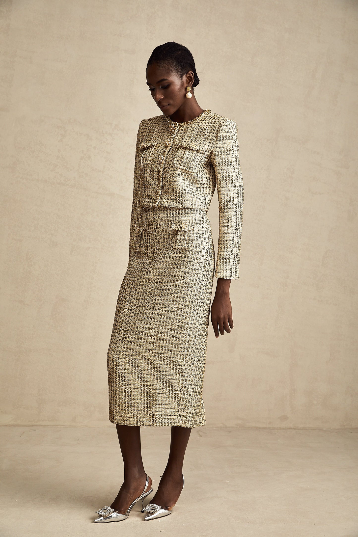 Aëlle gold tweed sequin jacket & skirt matching set