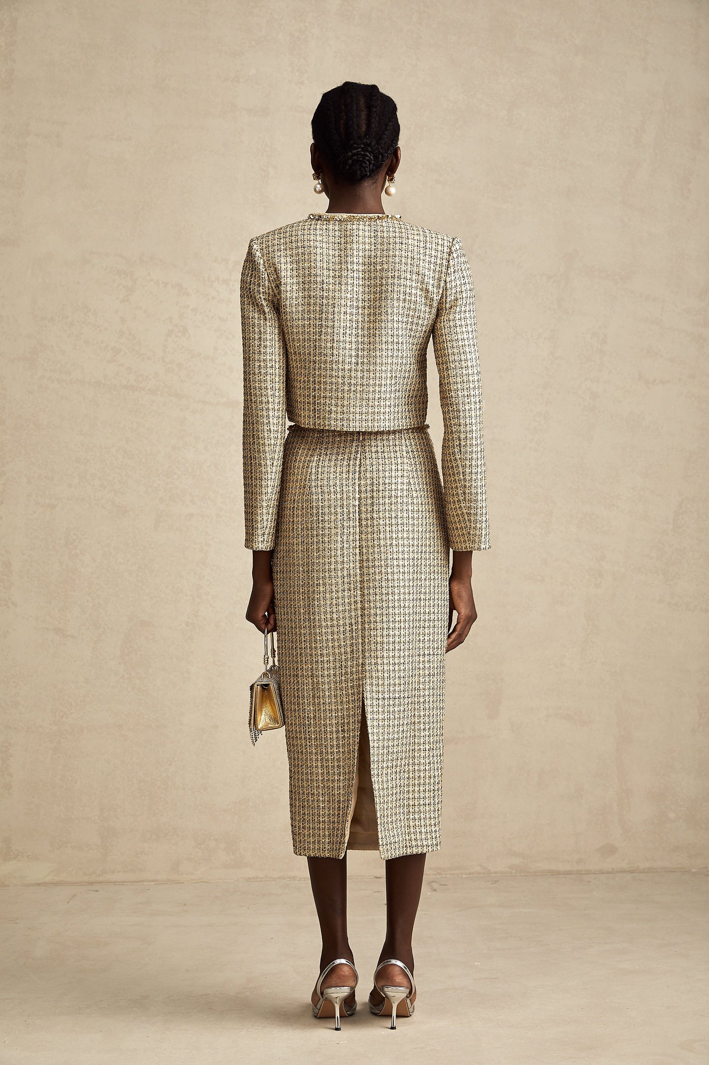 Aëlle gold tweed sequin jacket & skirt matching set