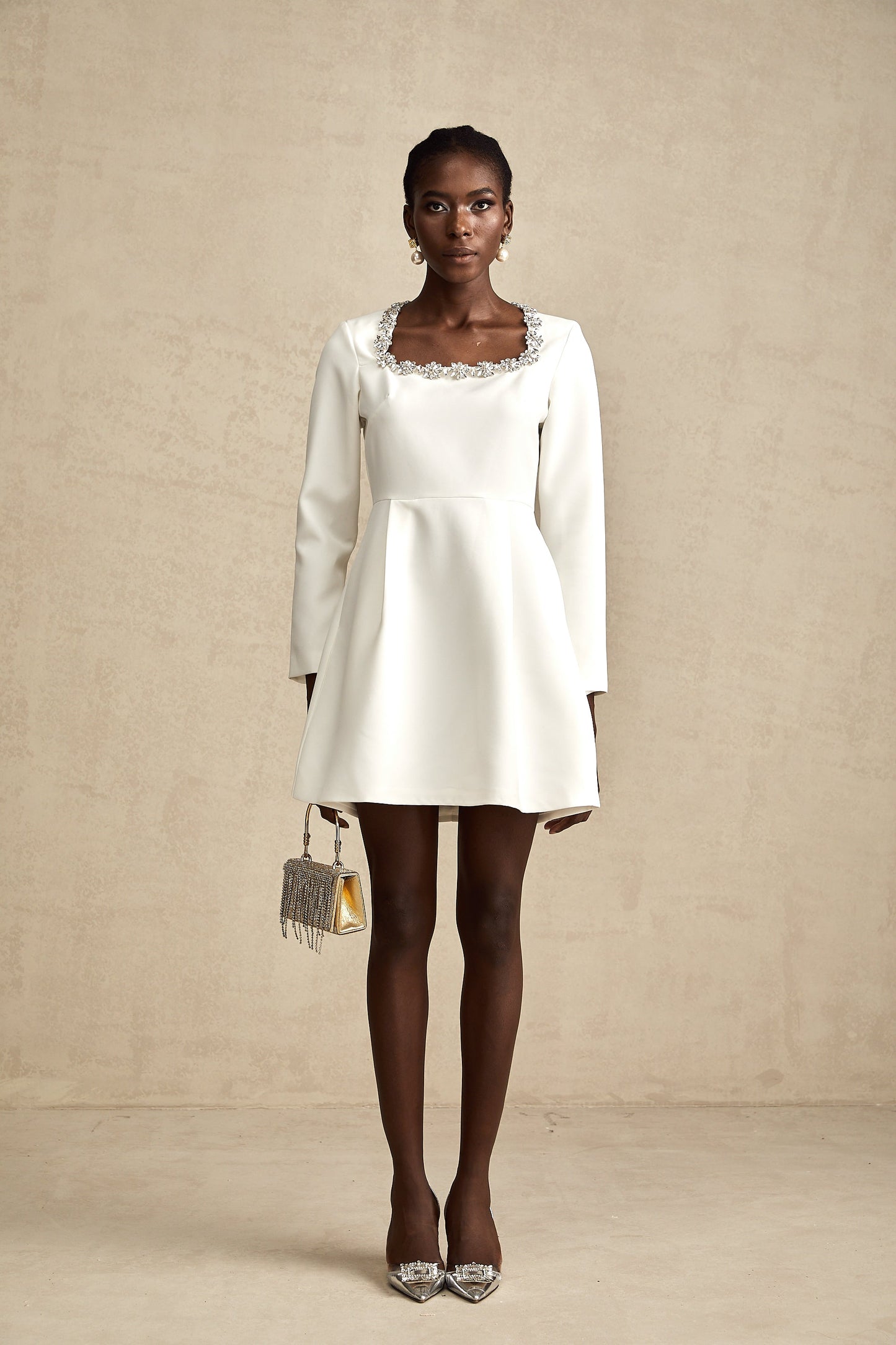 Angélique white crystal-embellished A-line mini dress (US Only)