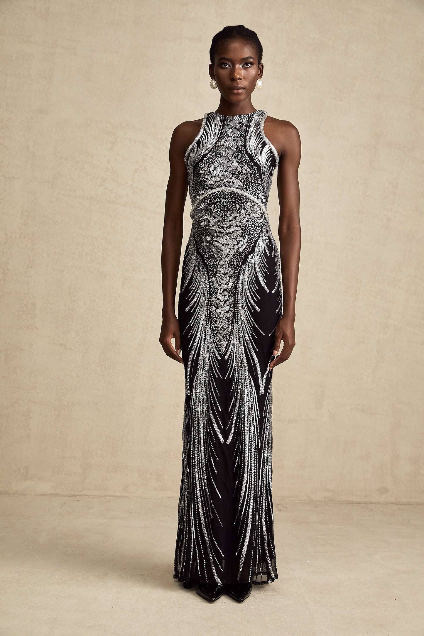 Ghislaine black embellished flared sleeveless maxi dress (US Only)