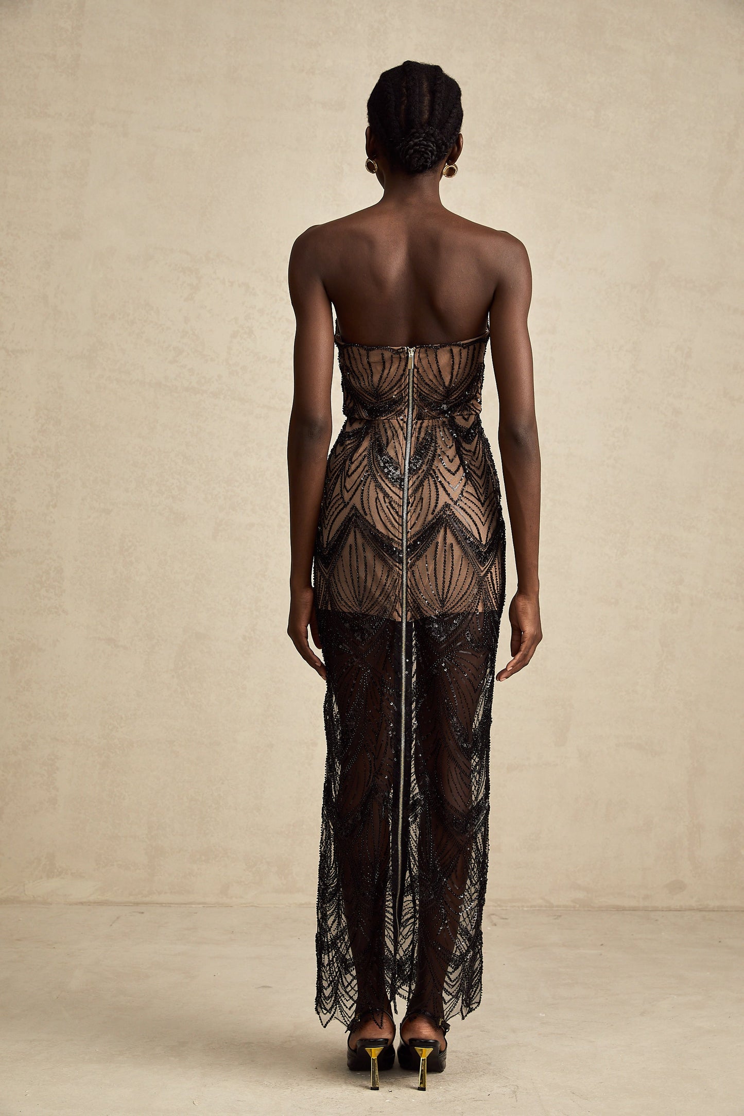 Frédérique black sequinned corset mesh maxi dress