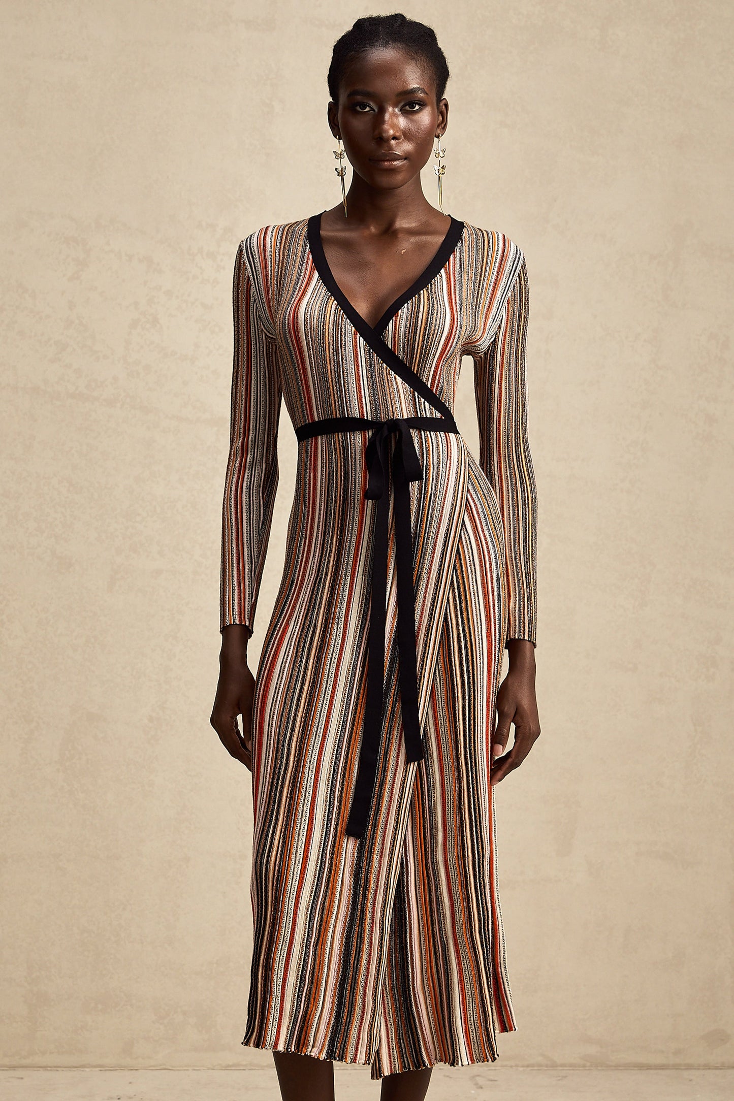 Adèle stripe wrap-design metallic midi dress