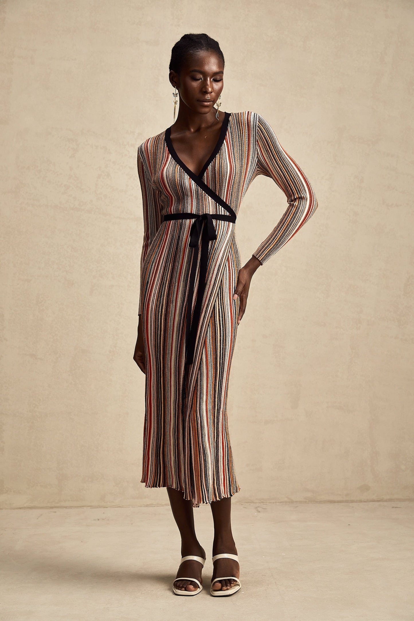 Adèle stripe wrap-design metallic midi dress