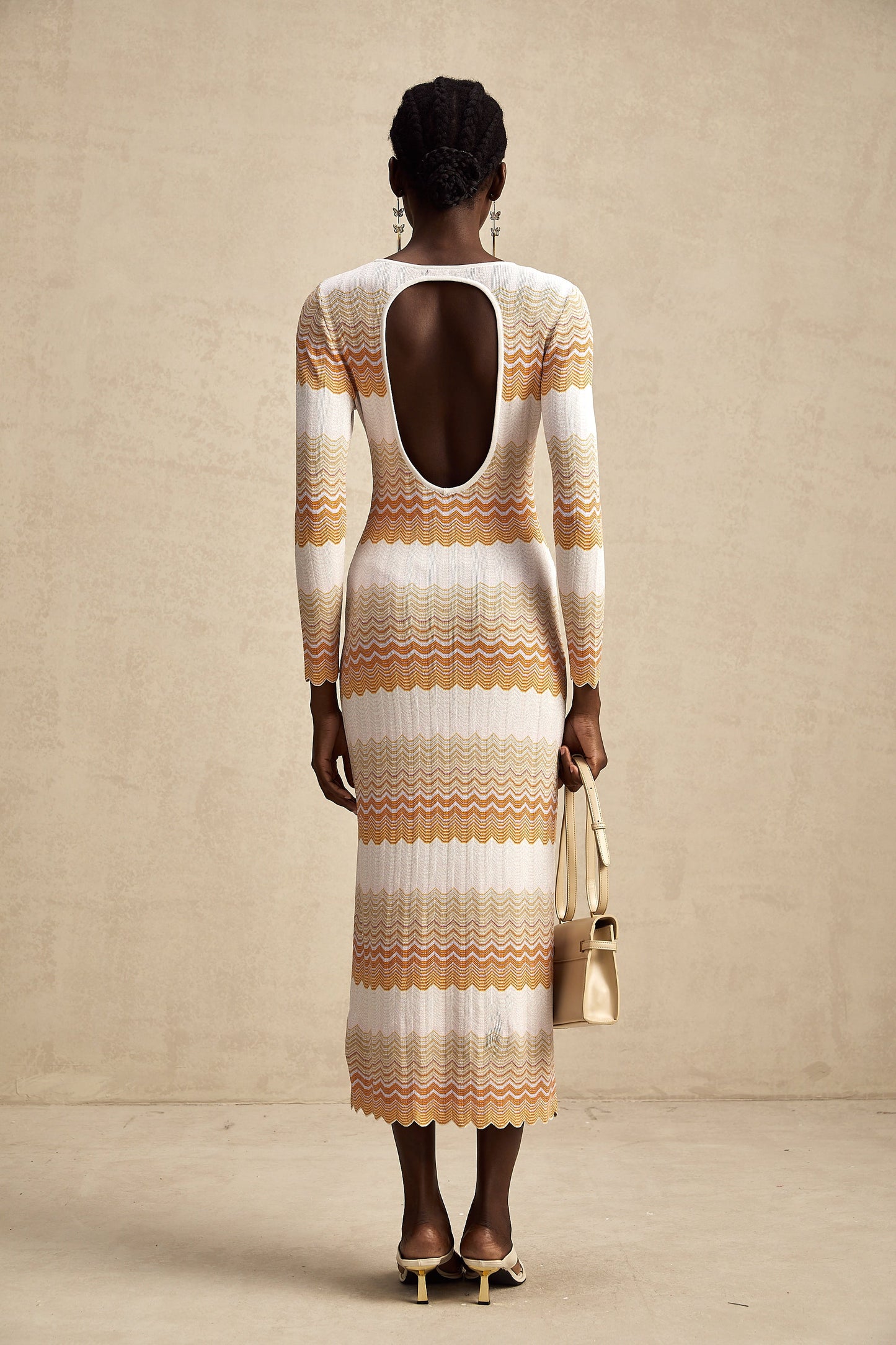 Alizée orange stripe-pattern metallic midi dress