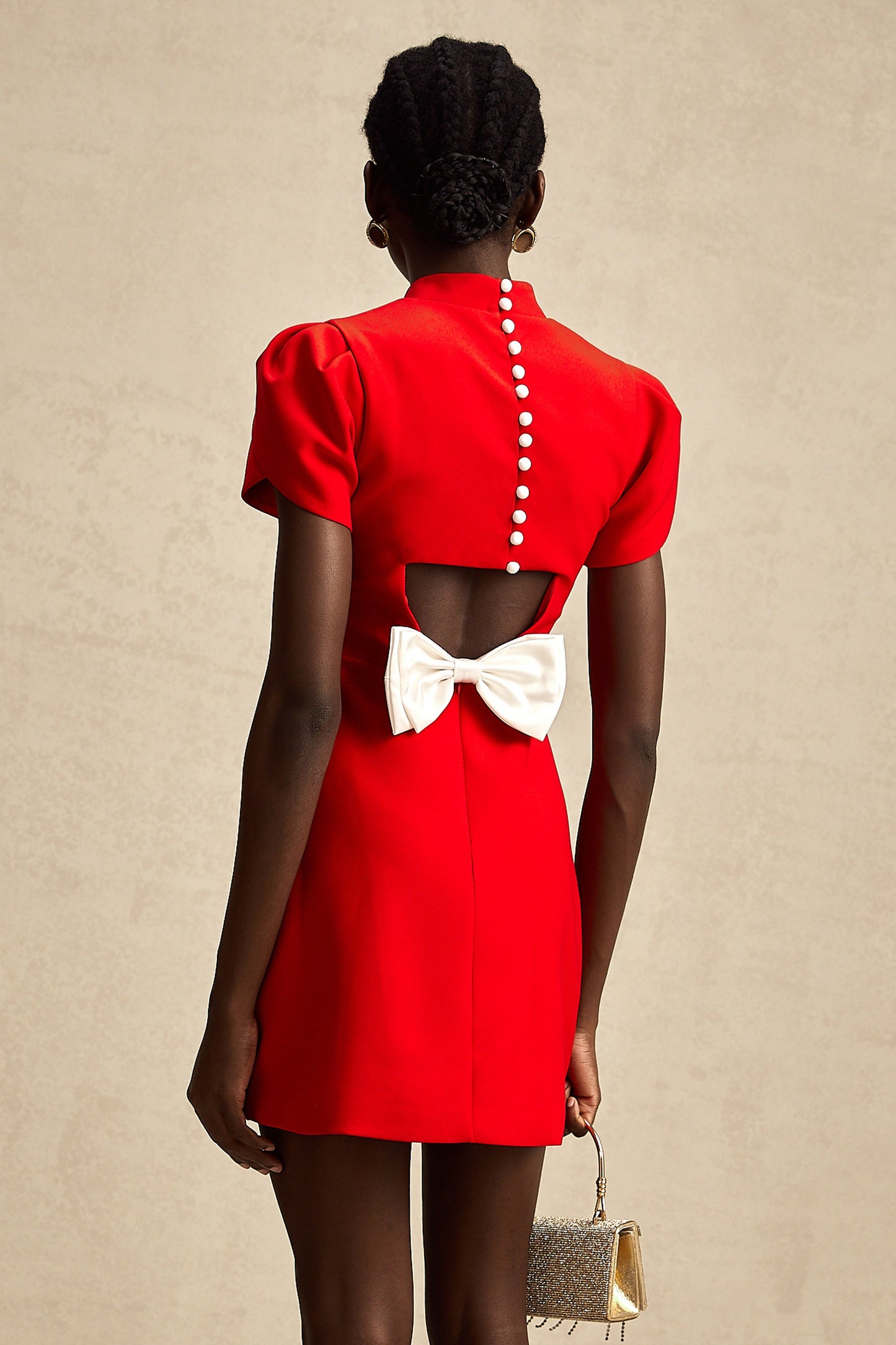 Anna red petal-sleeve cut-out bow mini dress (US Only)
