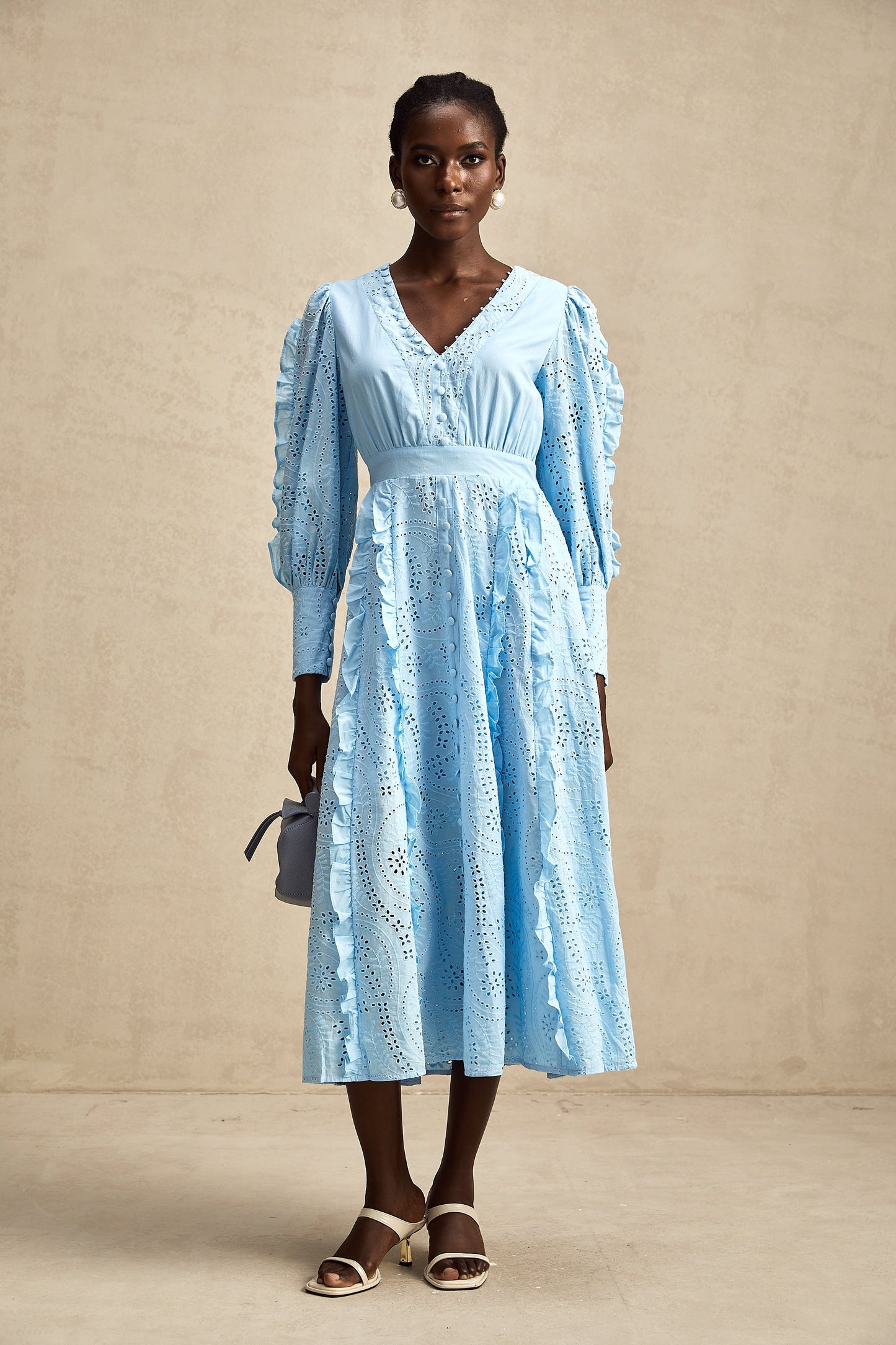 Raphaëlle blue open-work ruffled midi dress