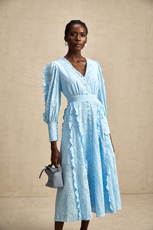 Raphaëlle blue open-work ruffled midi dress