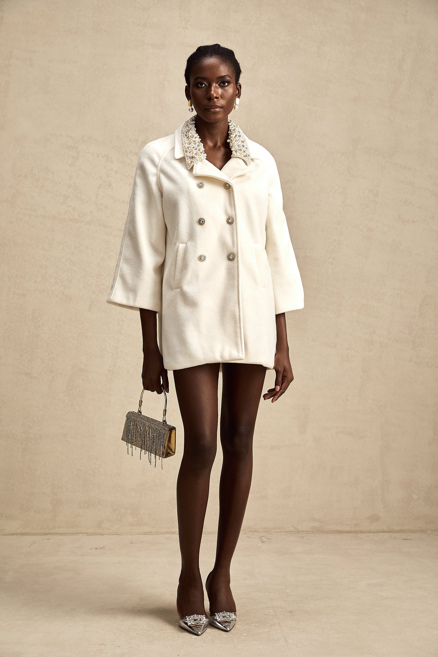 Fabienne white embellished woolen coat
