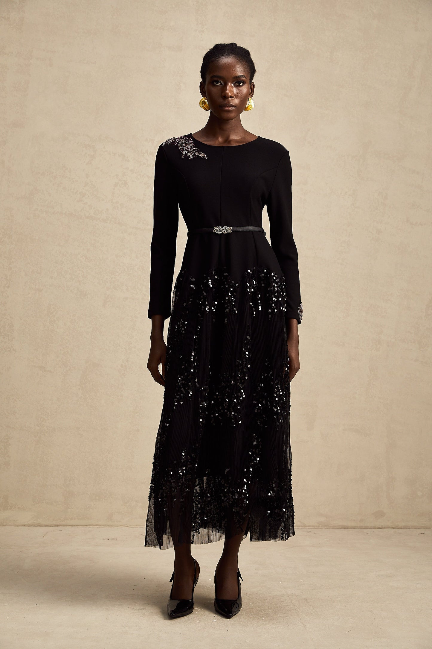 Carole black tulle-panel studded midi dress (US Only)