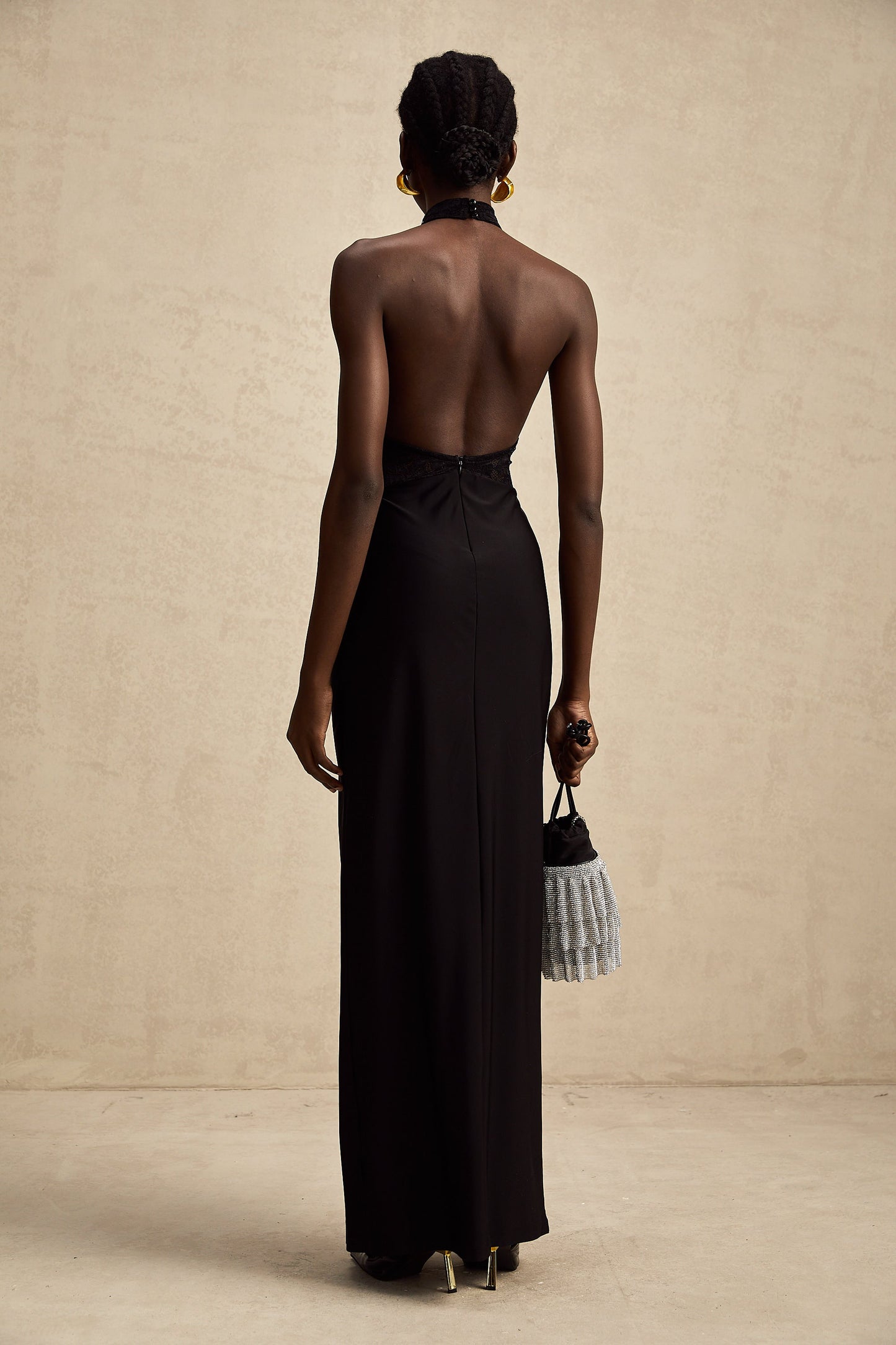 Camille black halterneck floral-lace maxi dress