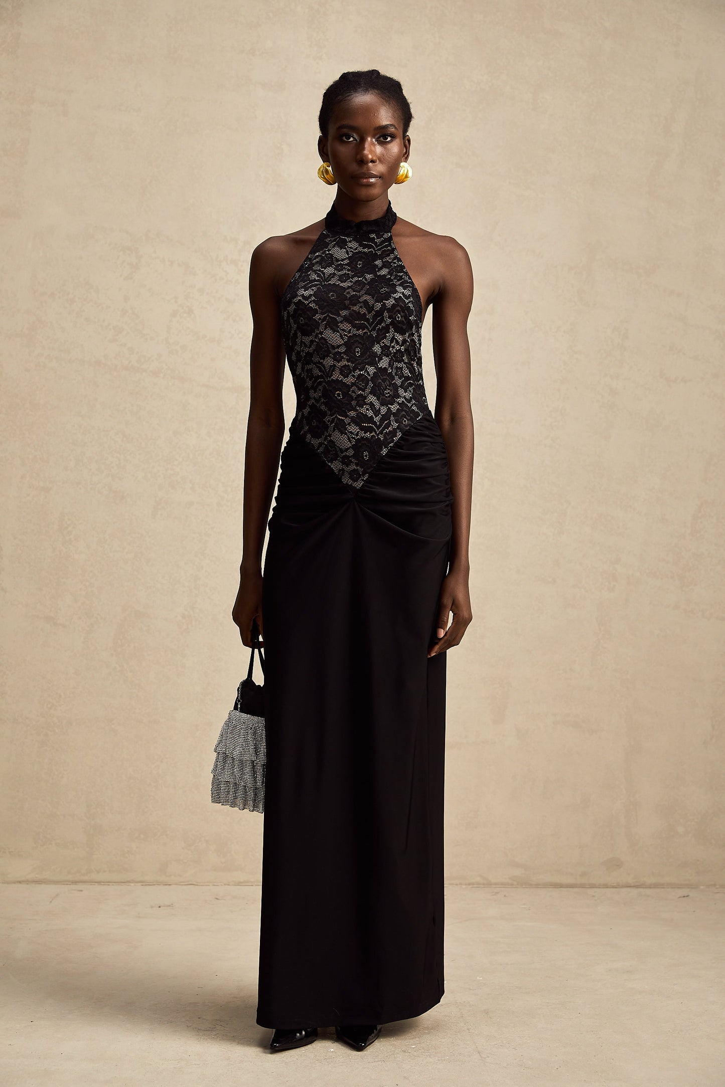 Camille black halterneck floral-lace maxi dress