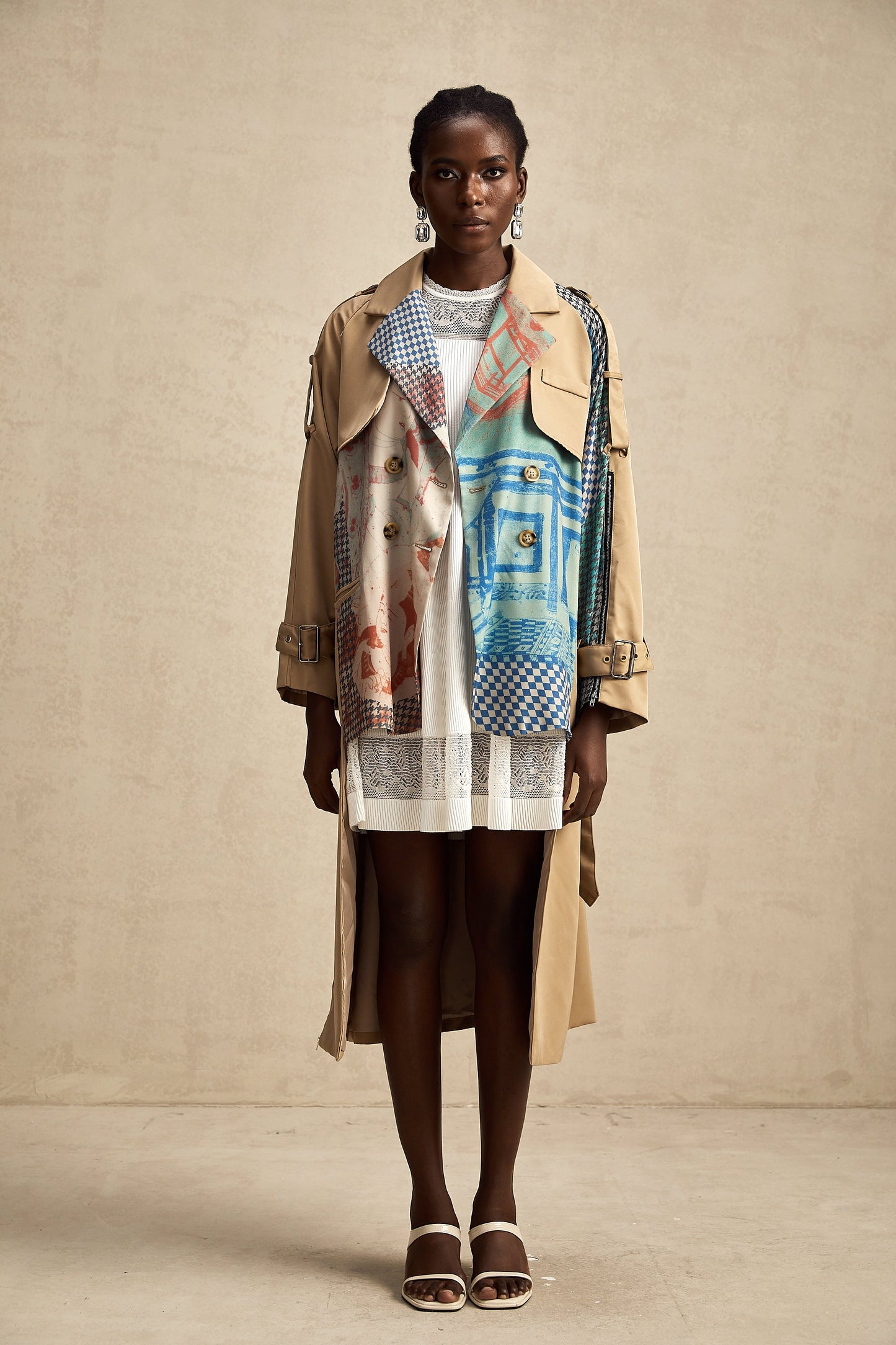Joséphine contrast-color printed belted trench coat