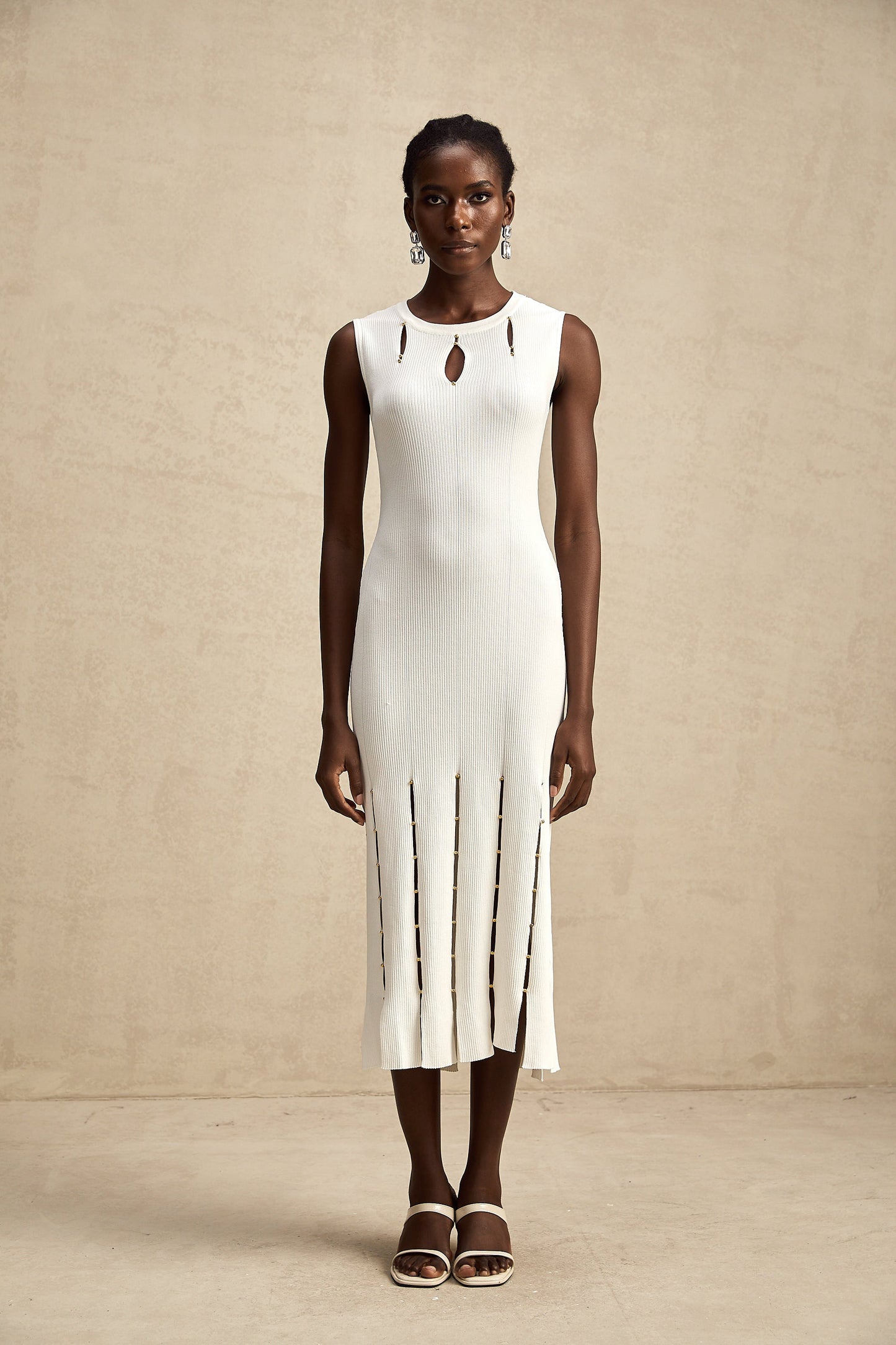 Hilaire white beaded sleeveless cut-out knit midi dress