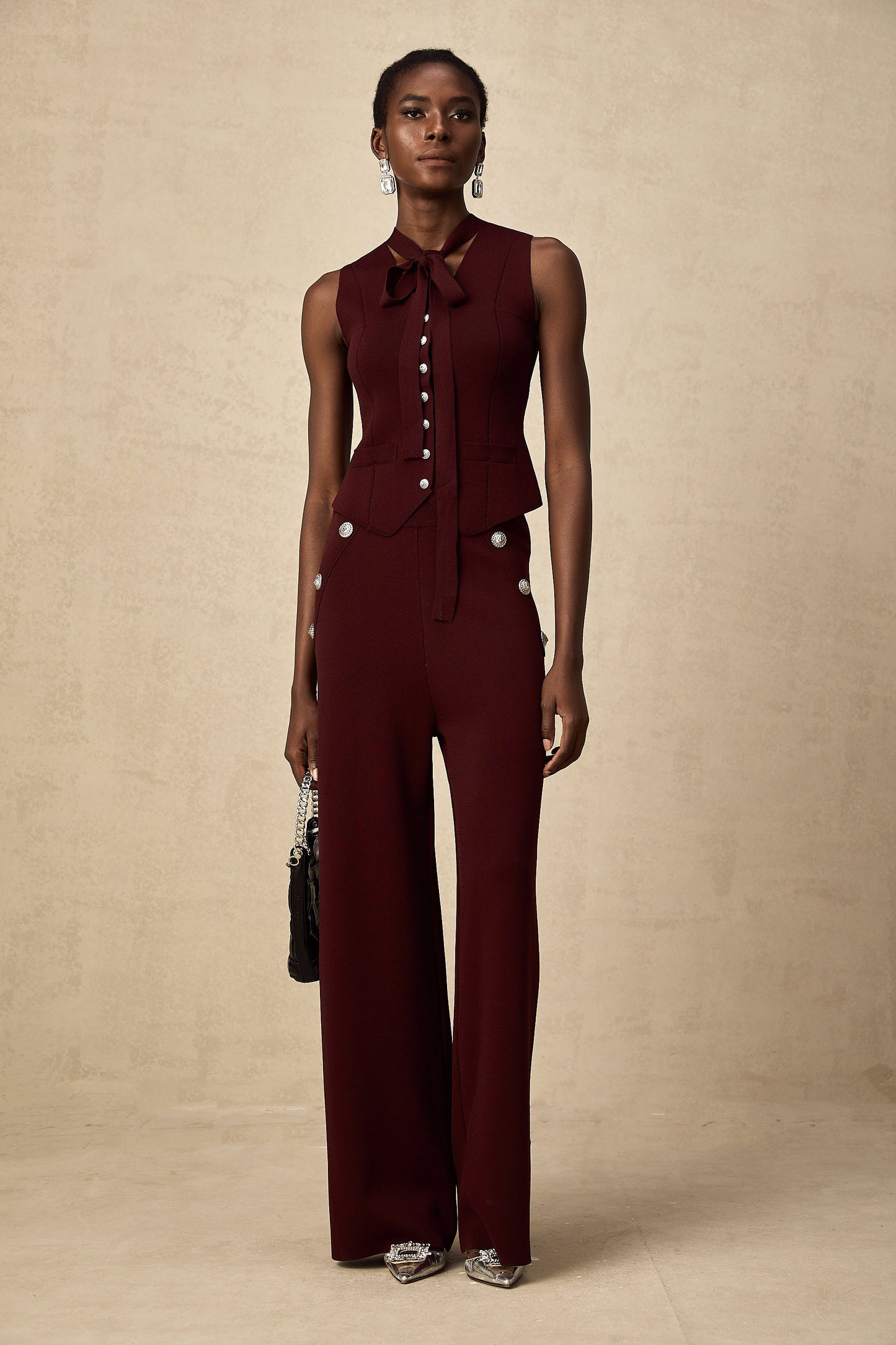 Calandra dark-red knitted vest & trousers matching set
