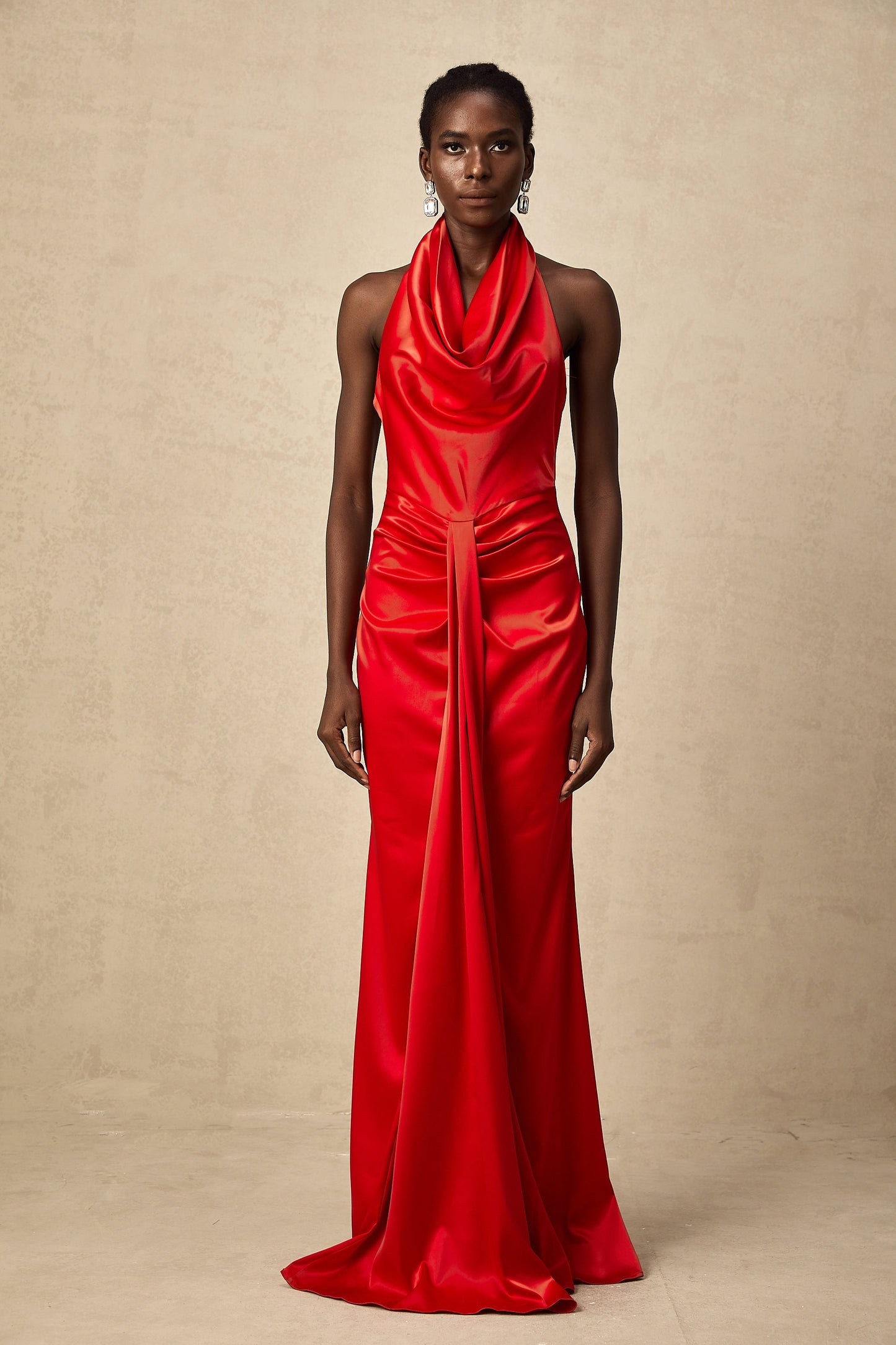 Alix red halterneck draped satin maxi dress (US Only)