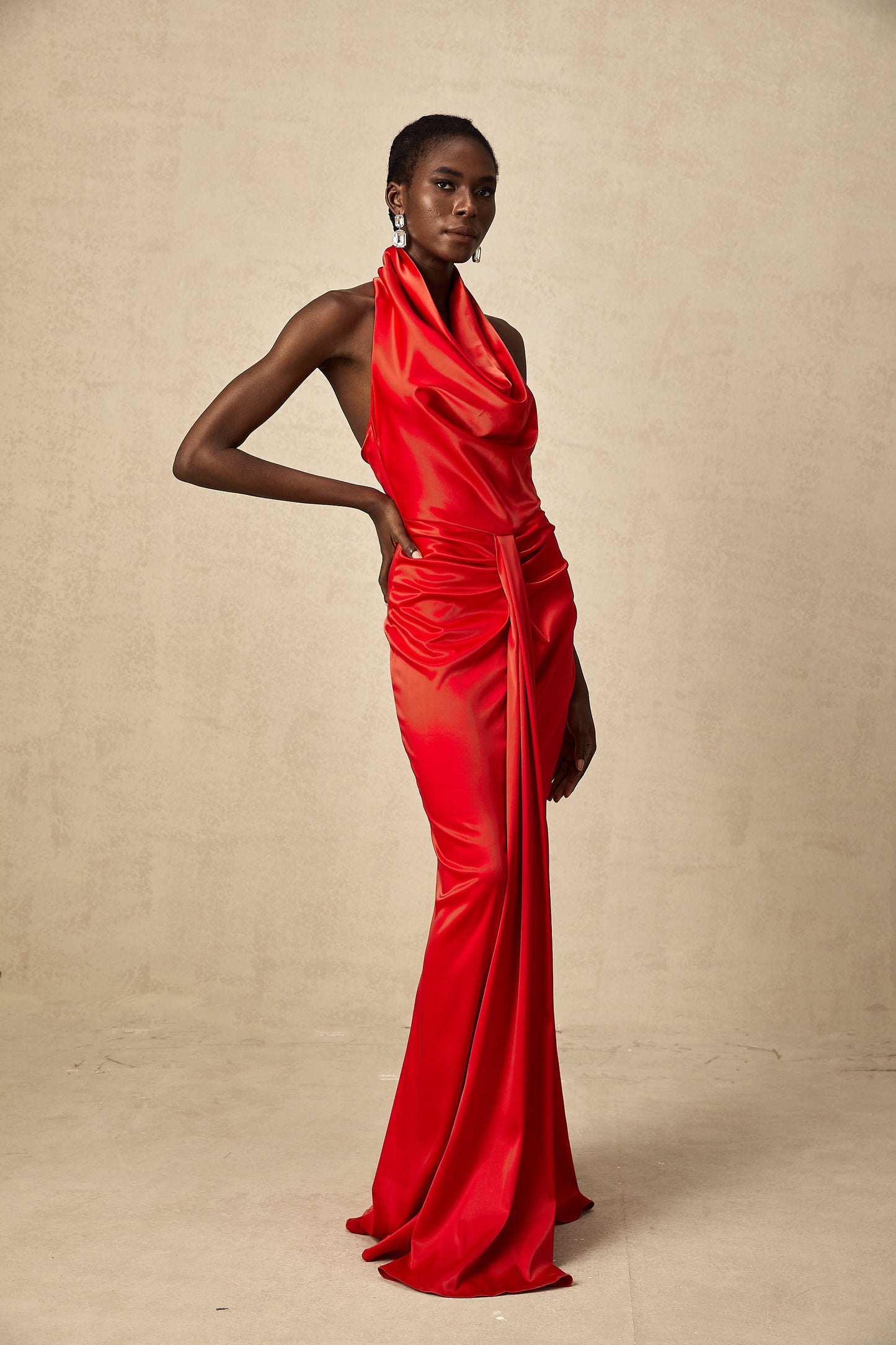 Alix red halterneck draped satin maxi dress (US Only)