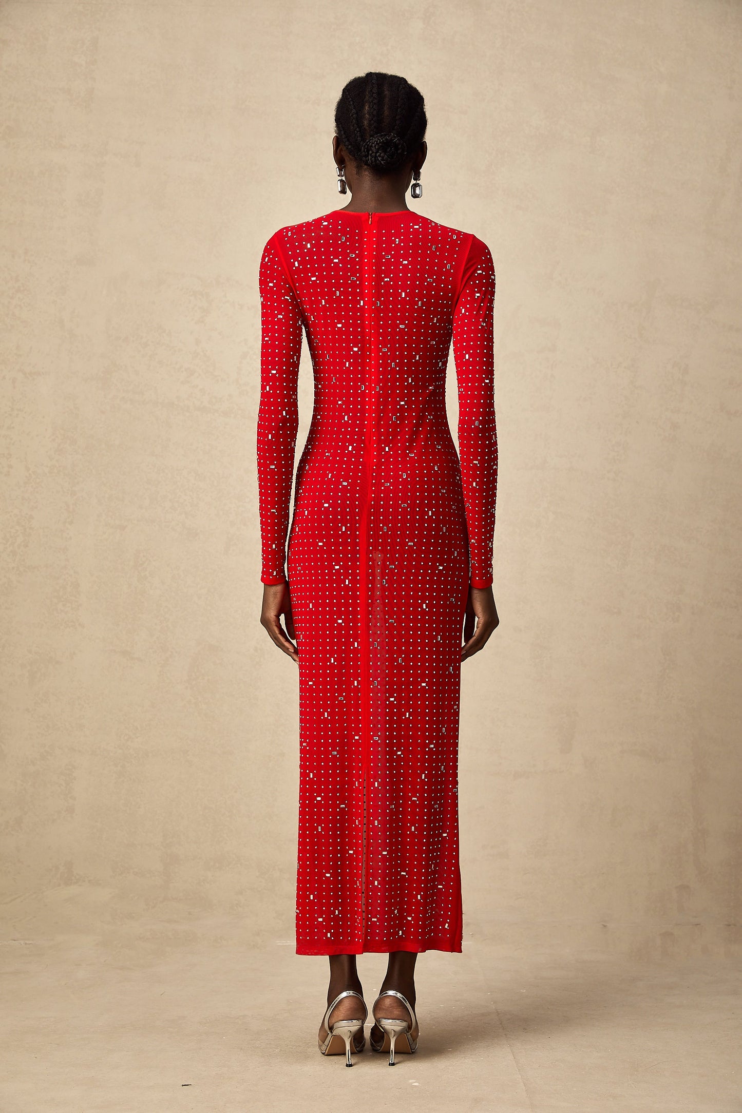 Ghislaine red rhinestone tulle maxi dress (US Only)