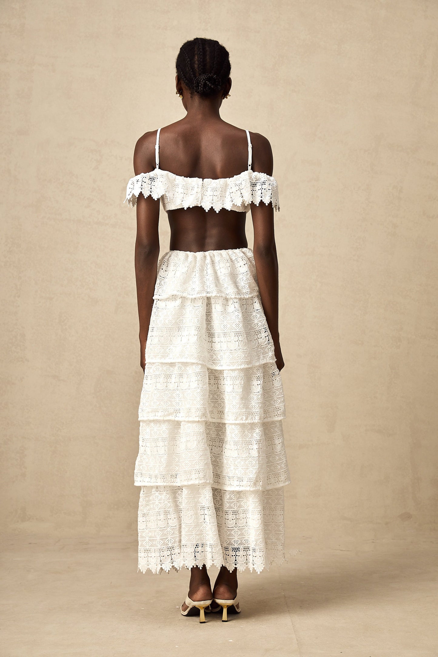 Genevieve white lace open-work maxi dress