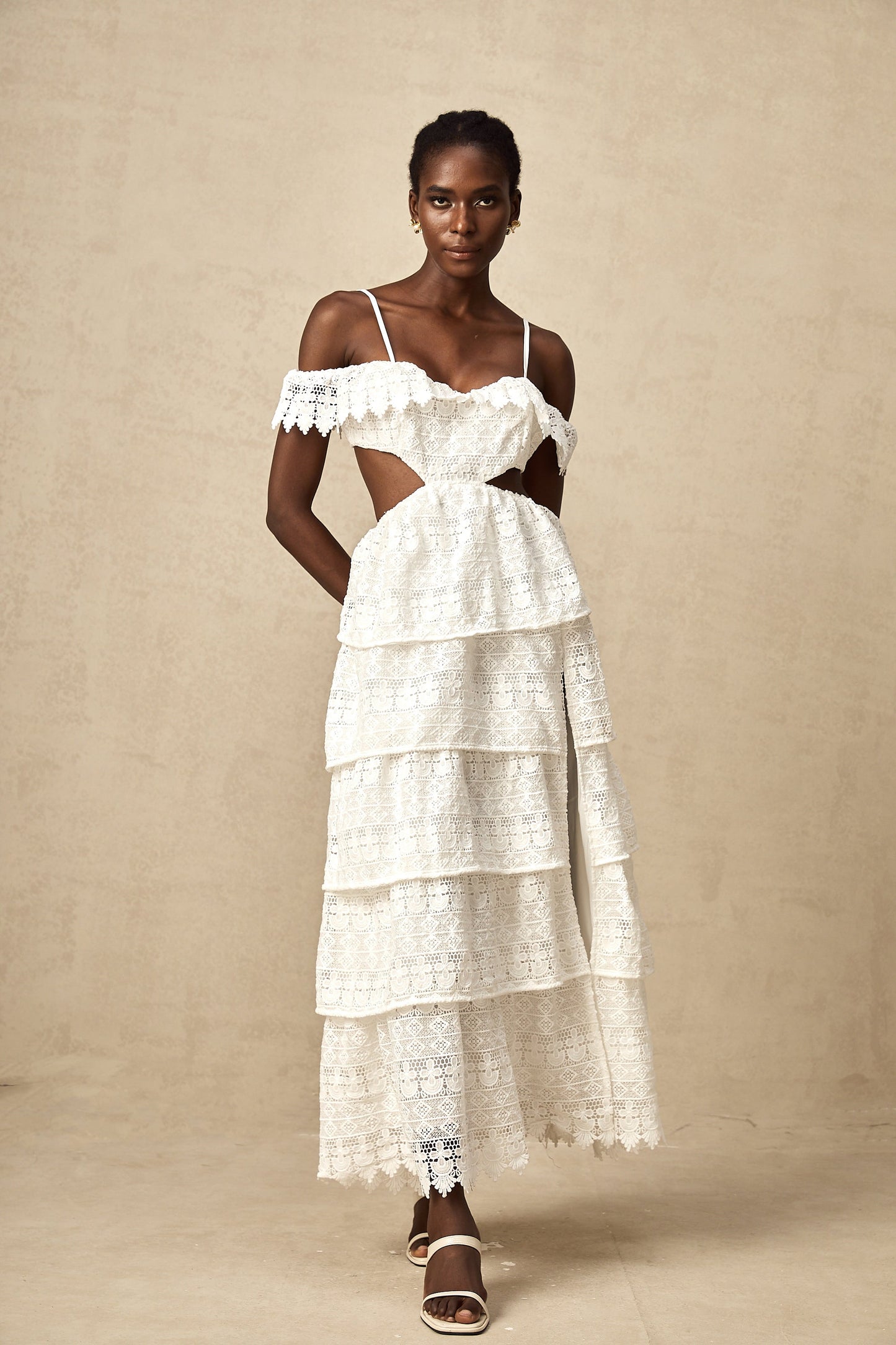 Genevieve white lace open-work maxi dress