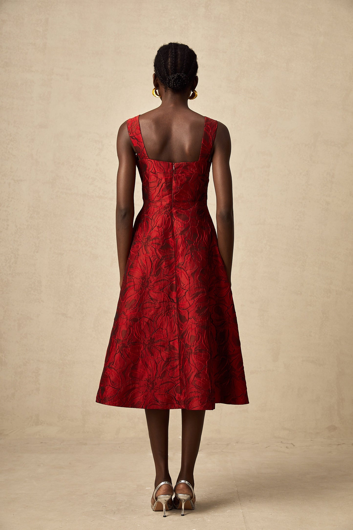 Hélène red floral-jacquard midi dress (US Only)