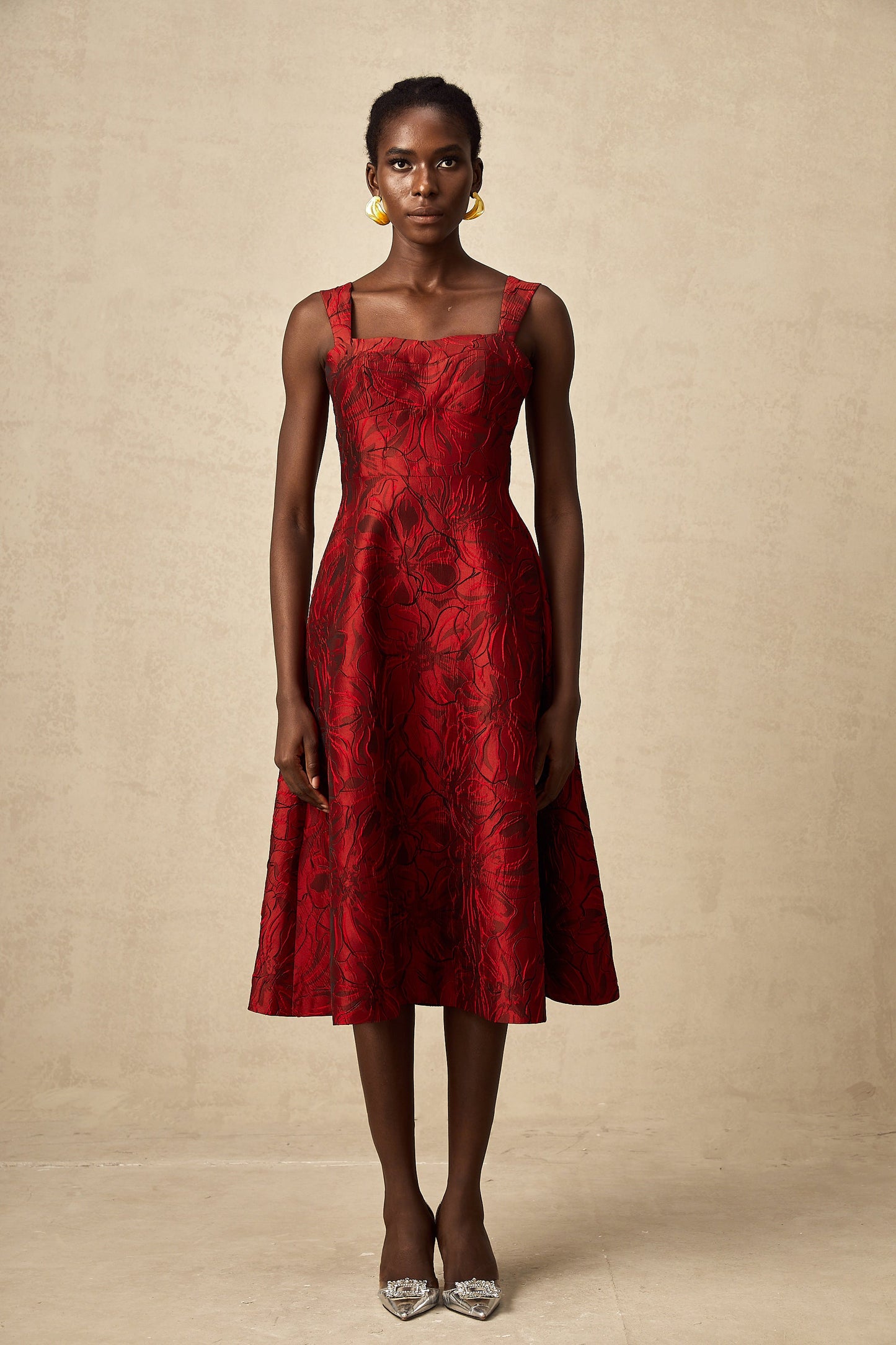 Hélène red floral-jacquard midi dress (US Only)