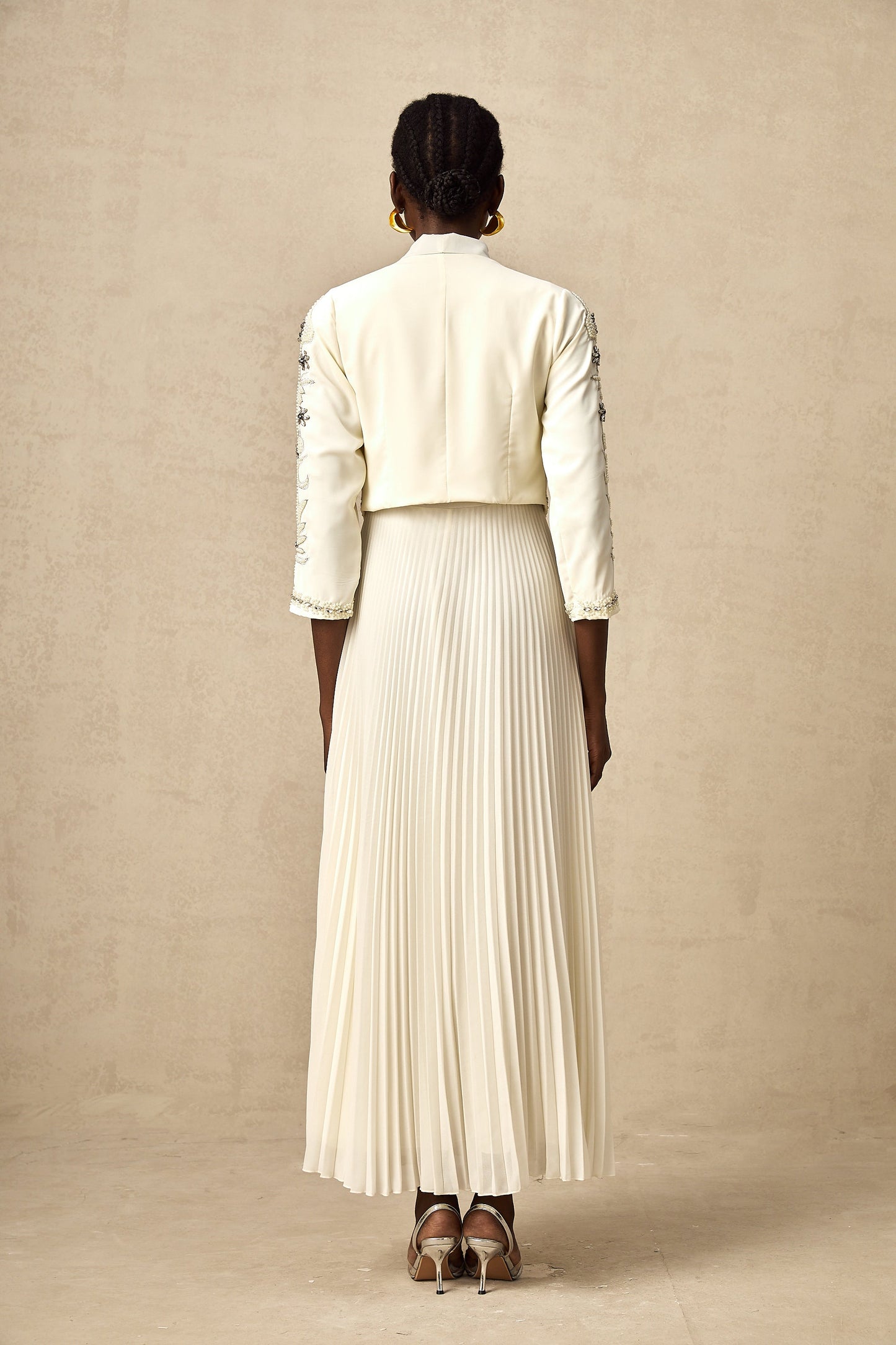 Blanche white embellished pleated jacket & dress matching set