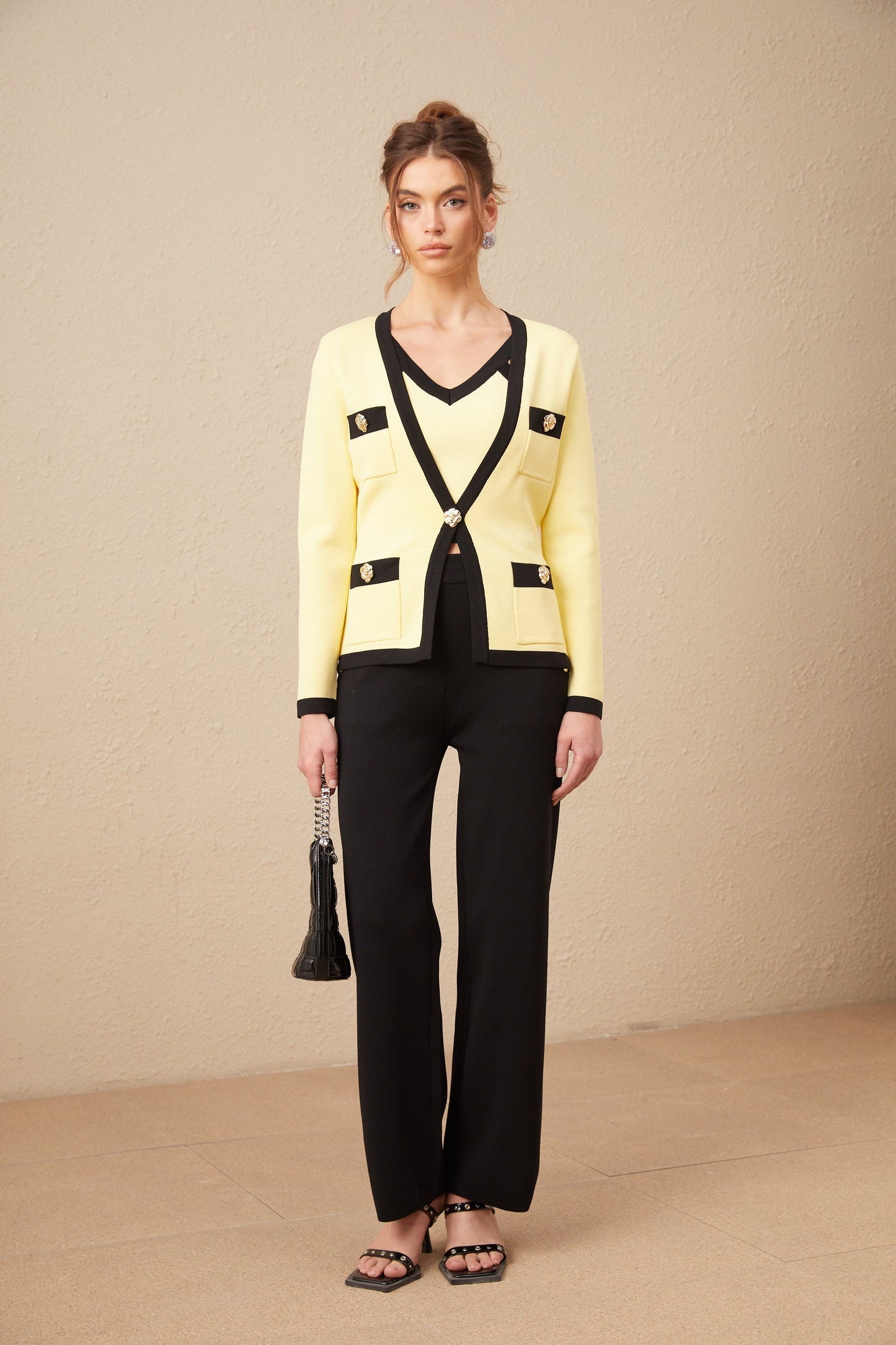 Eloise contrasting-trim knit cardigan & vest & trousers matching set
