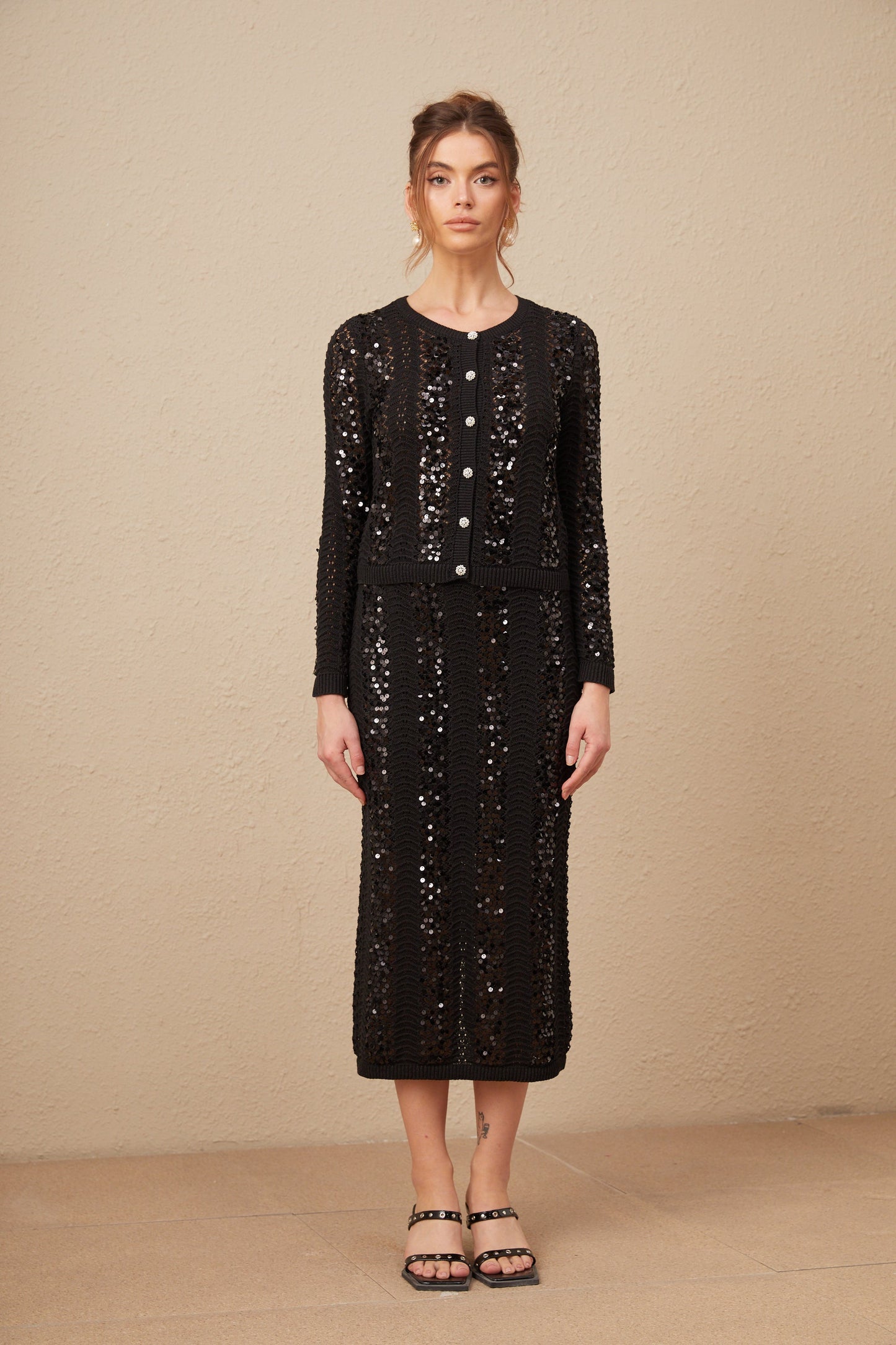 Ophelie black sequined crochet-knit cardigan & skirt matching set