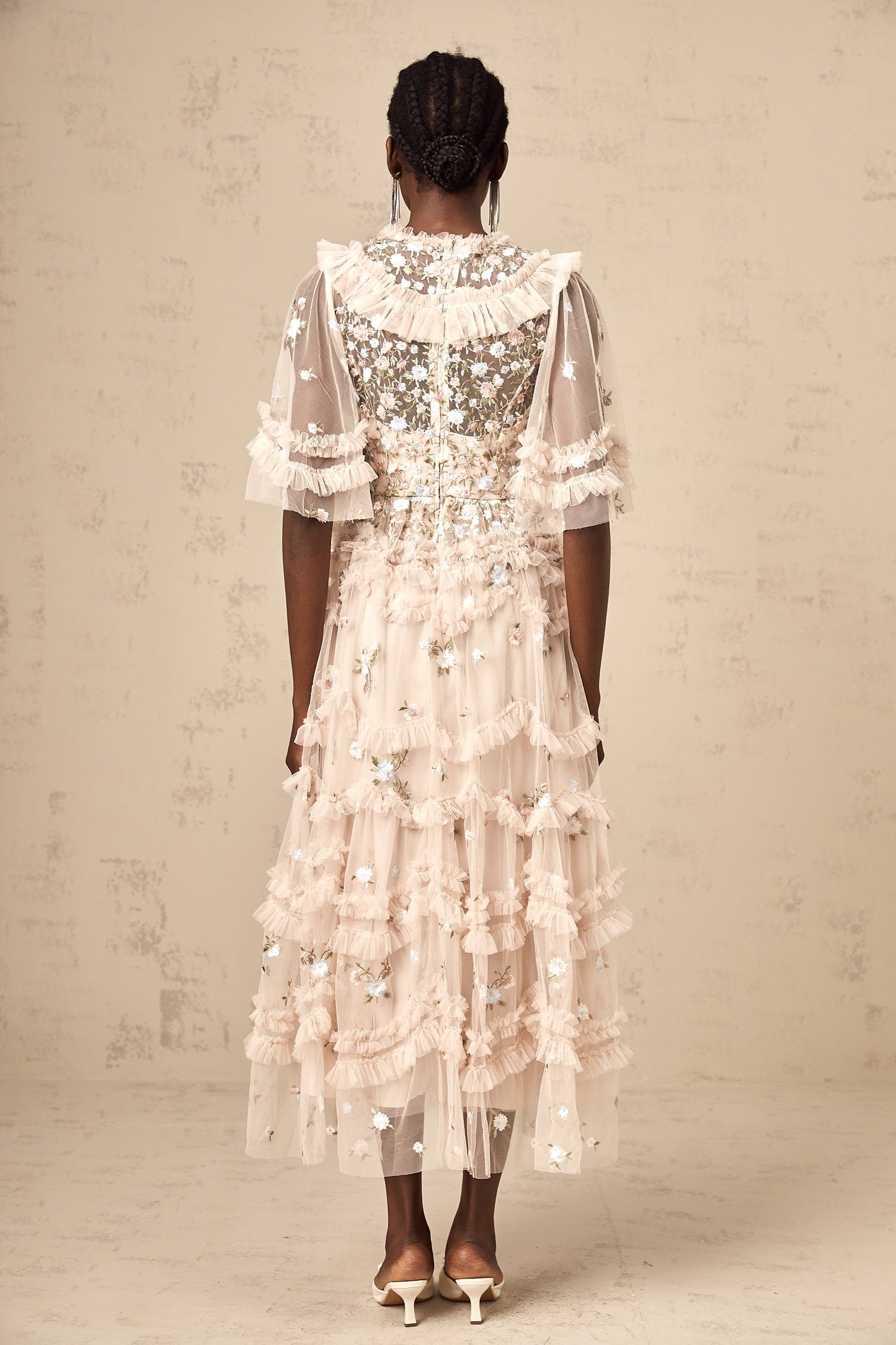 Kévina floral-embroidery tiered ruffled midi dress