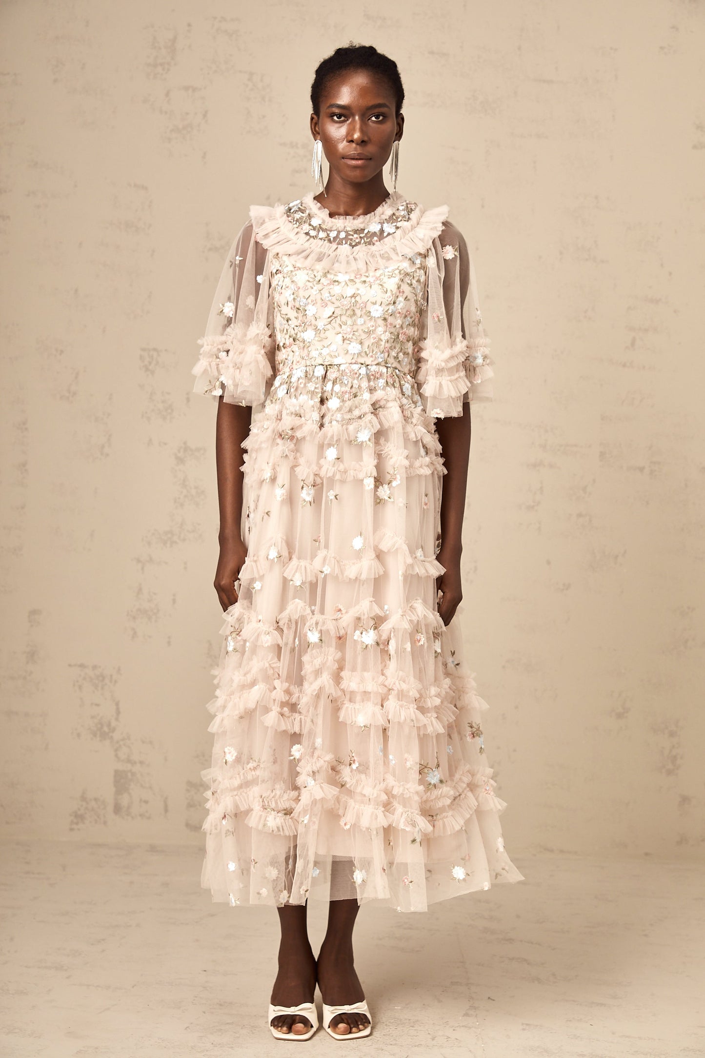 Kévina floral-embroidery tiered ruffled midi dress