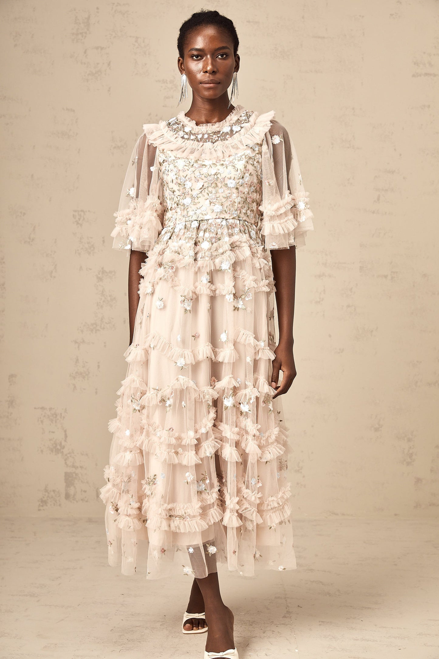 Kévina floral-embroidery tiered ruffled midi dress