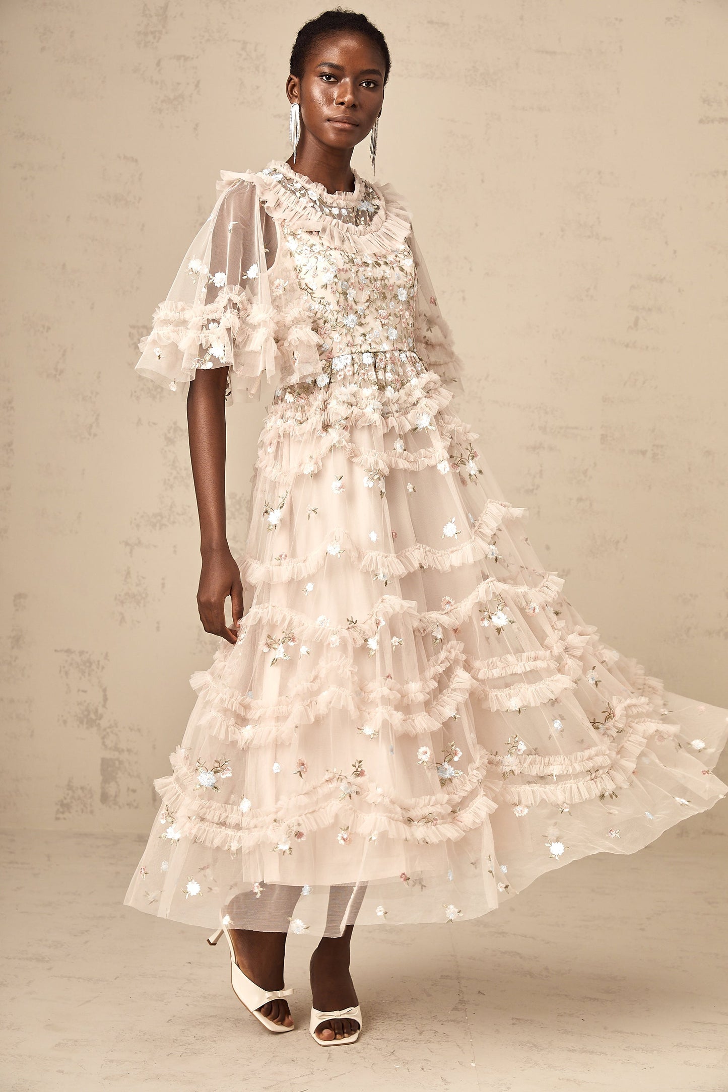 Kévina floral-embroidery tiered ruffled midi dress