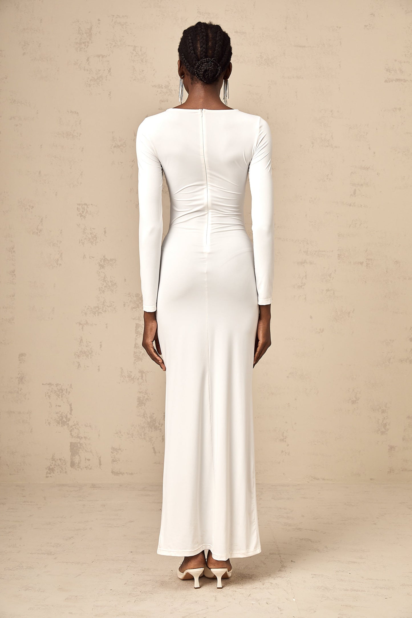 Elena white ribbon twist-detail ruched maxi dress
