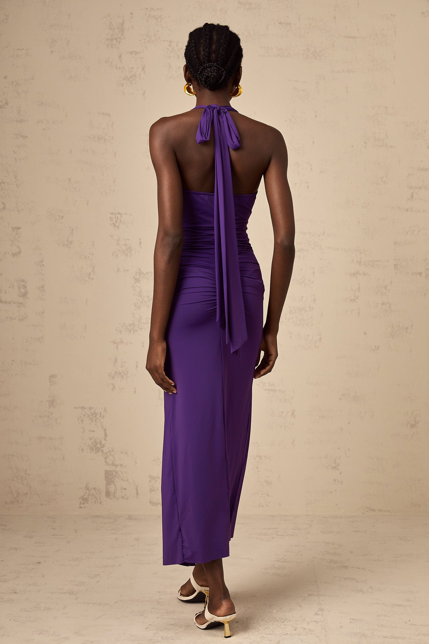 Renata purple halterneck ruched midi dress