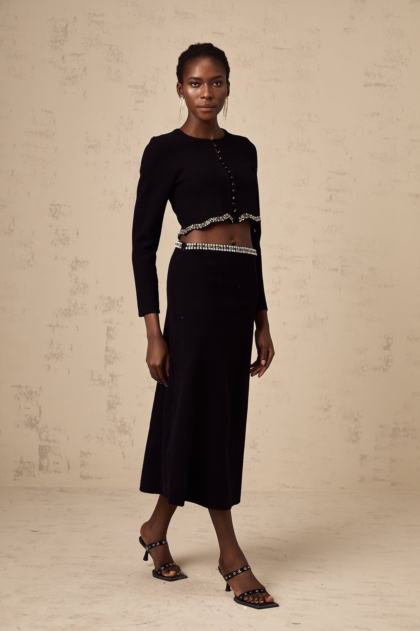 Magali black embellished knitted cardigan & skirt matching set