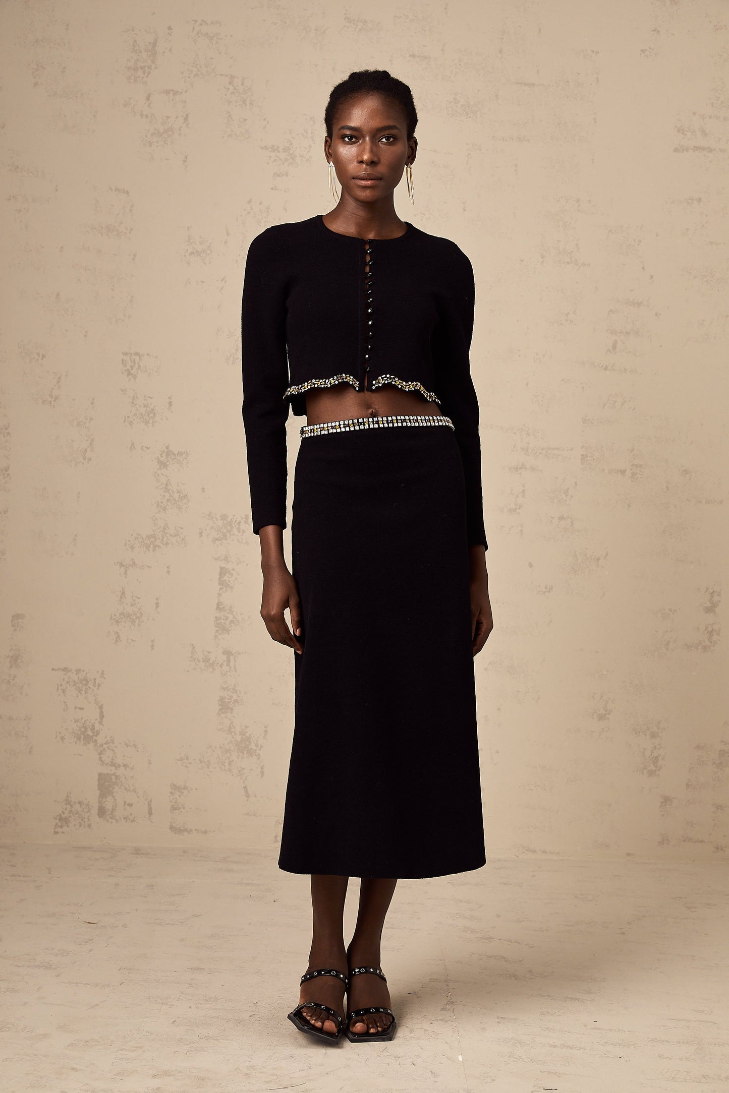 Magali black embellished knitted cardigan & skirt matching set