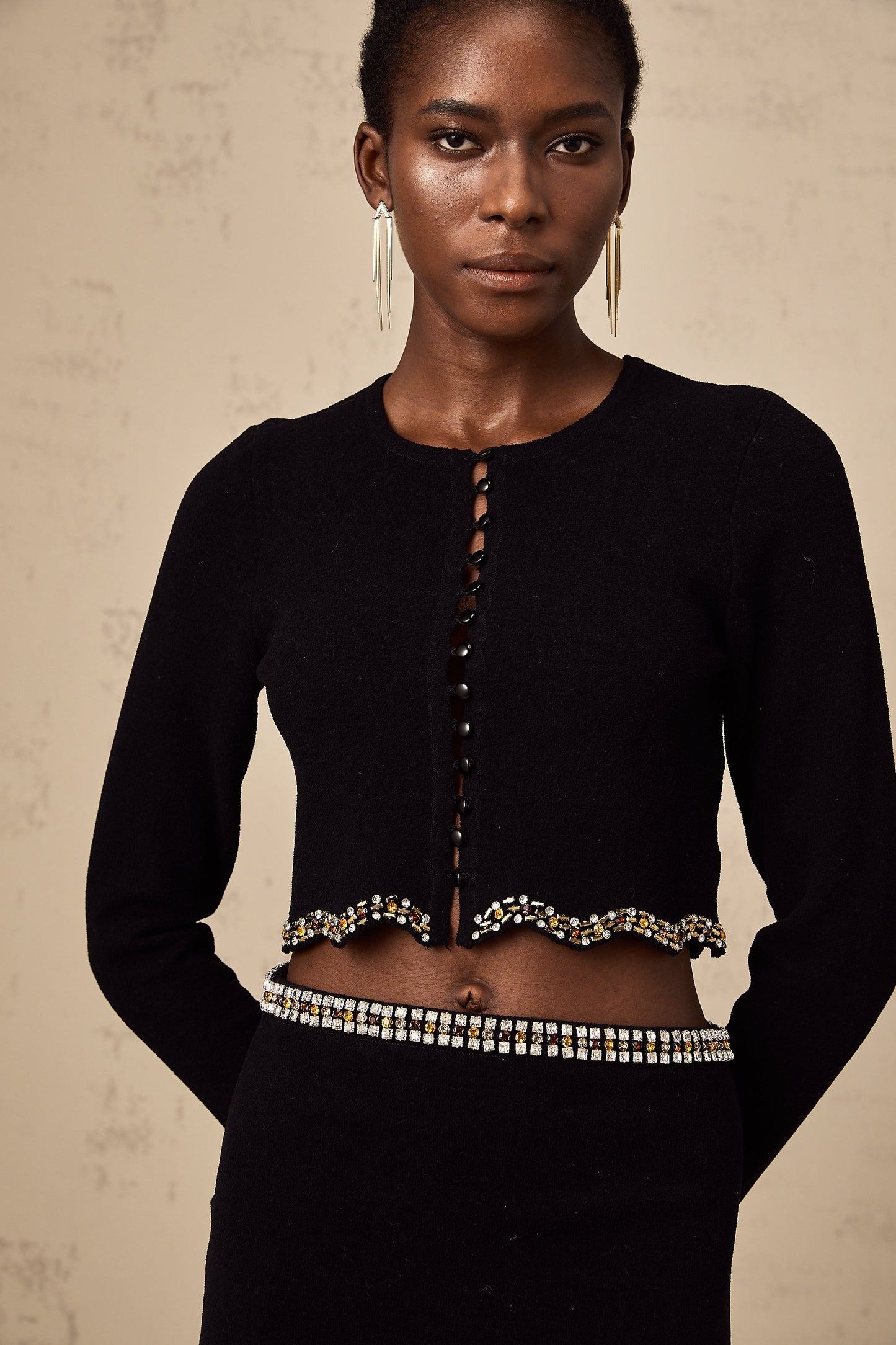 Magali black embellished knitted cardigan & skirt matching set