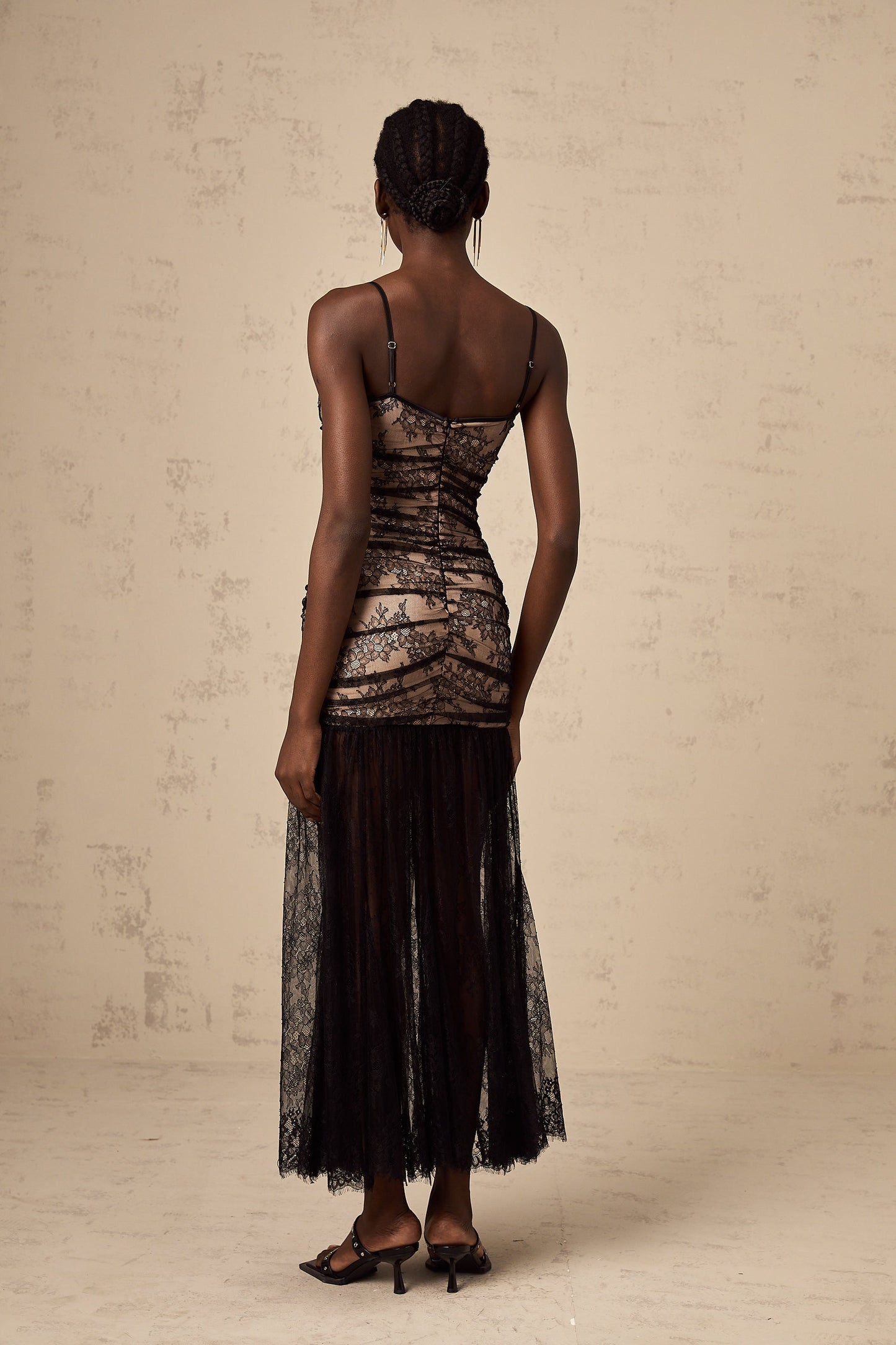 Anastasia floral-embroidered lace ruffled bustier midi dress