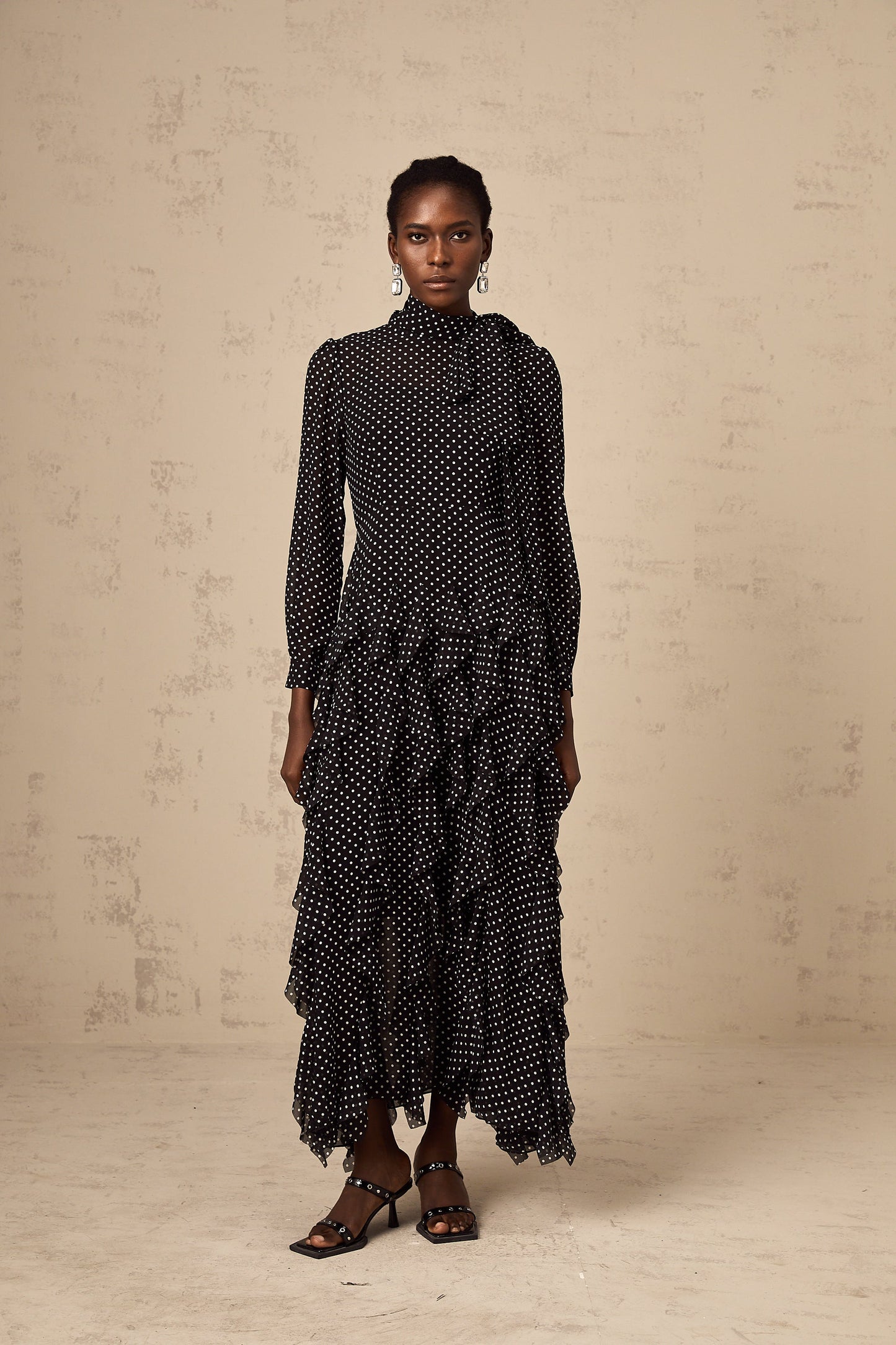 Coraline black polka-dot ruffled midi dress