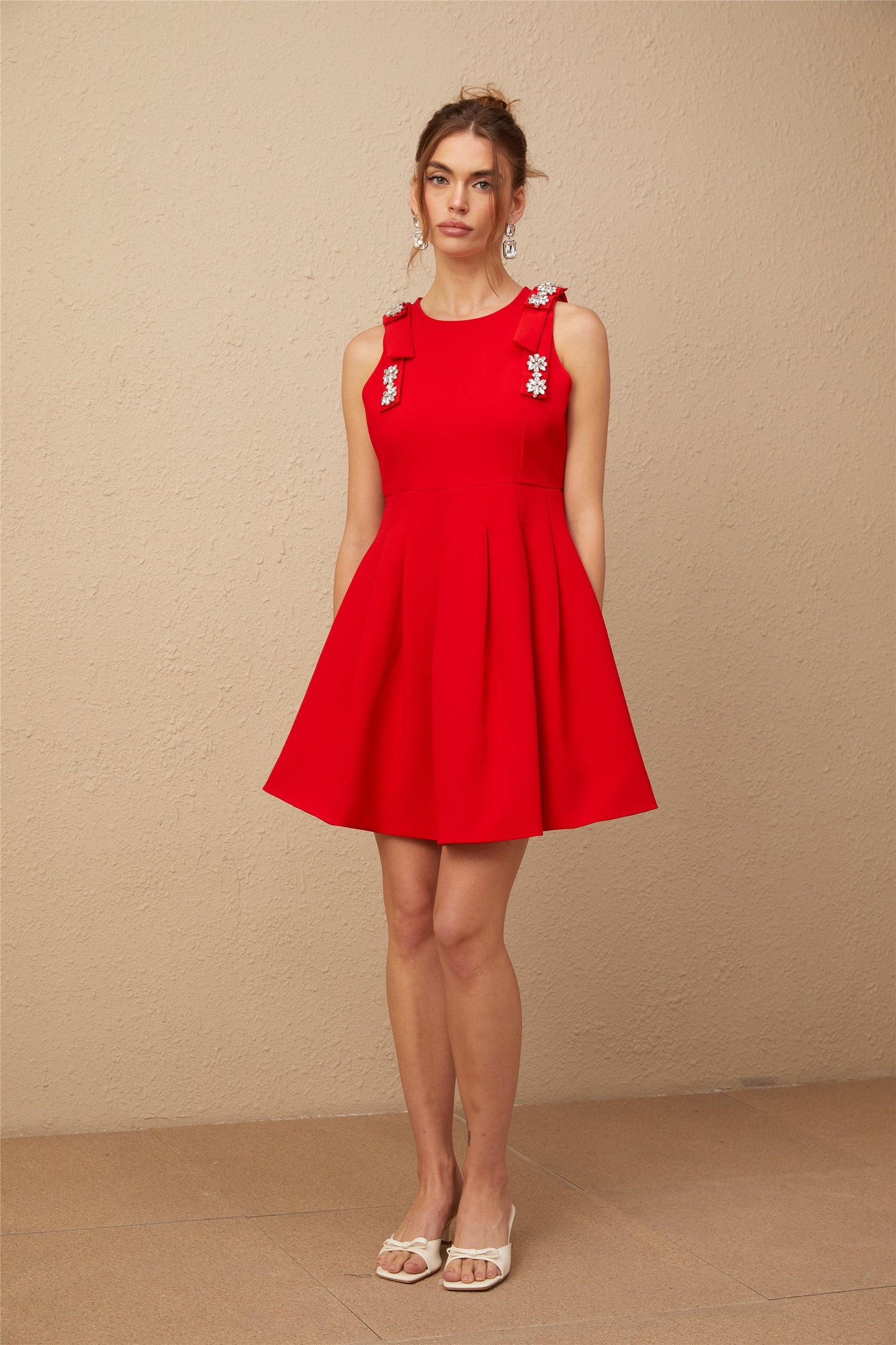 Louisa red bow sleeveless pleated mini dress (US Only)